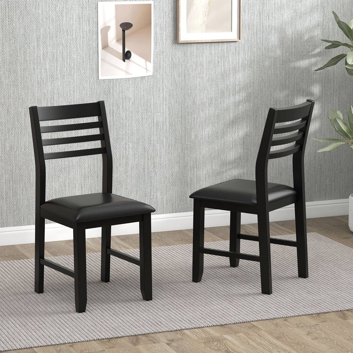 Wooden Dining Chair Set of 2 with Rubber Wood Frame  Padded Cushion and Ladder Back, Black Dining Chairs   at Gallery Canada