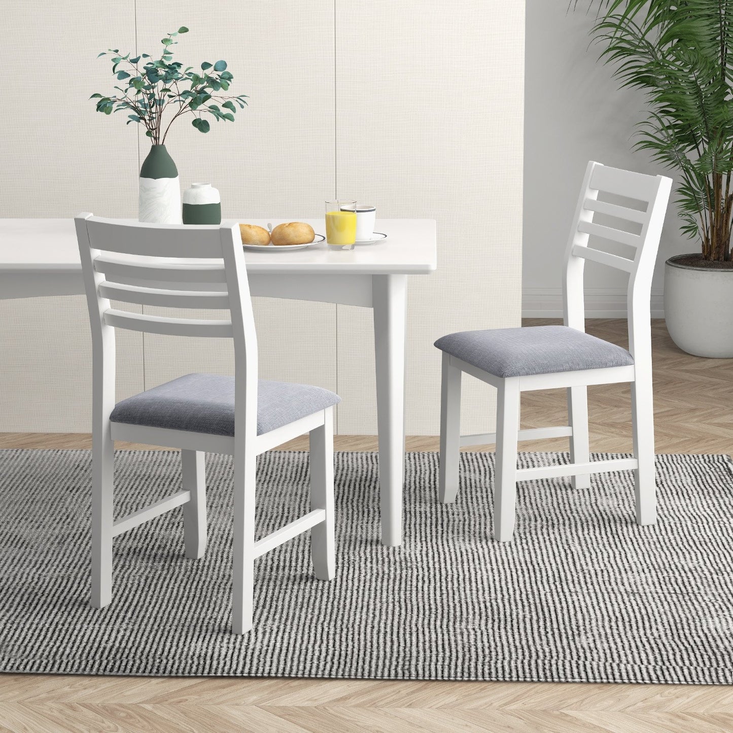 Wooden Dining Chair Set of 2 with Rubber Wood Frame  Padded Cushion and Ladder Back, White Dining Chairs   at Gallery Canada