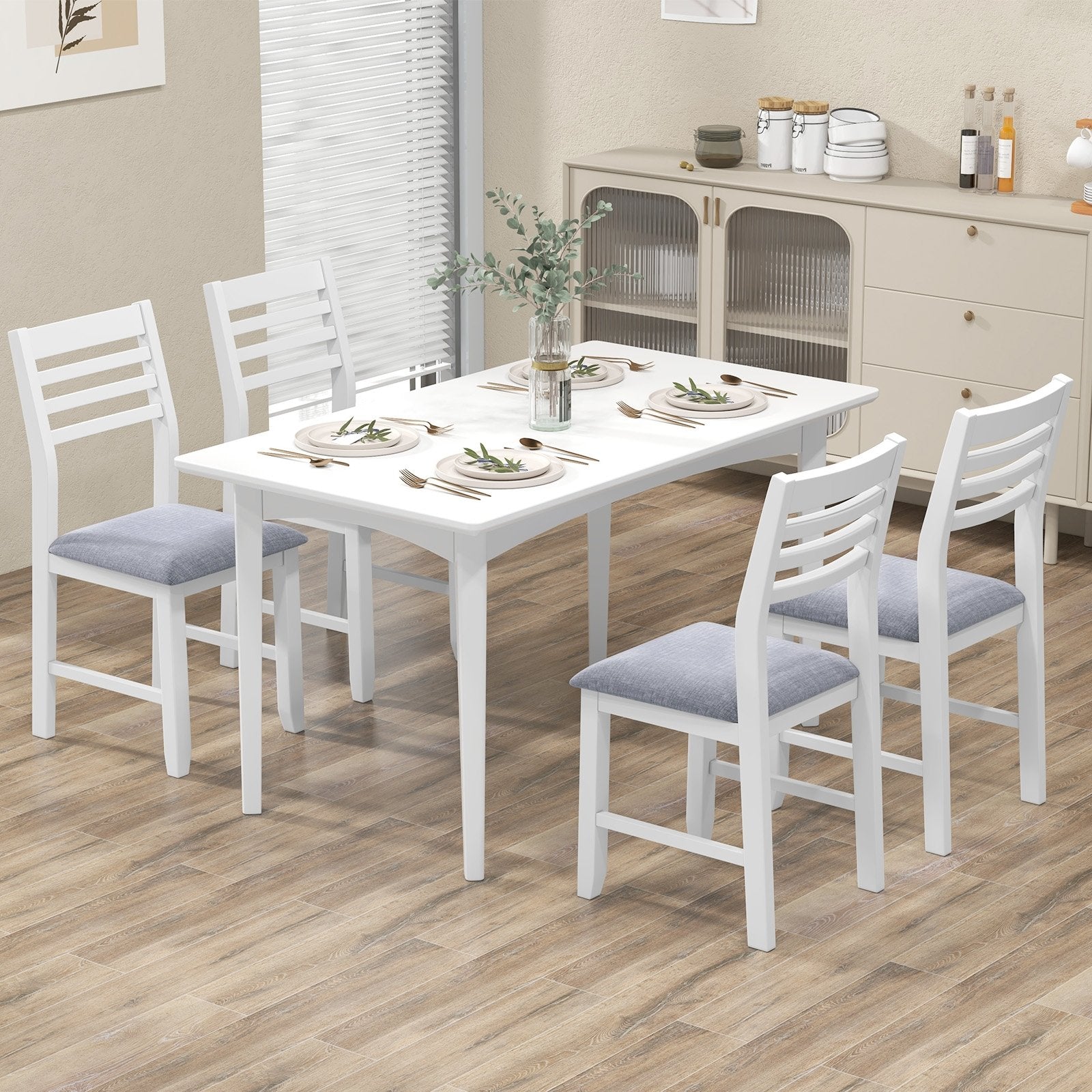 Wooden Dining Chair Set of 2 with Rubber Wood Frame  Padded Cushion and Ladder Back, White Dining Chairs   at Gallery Canada