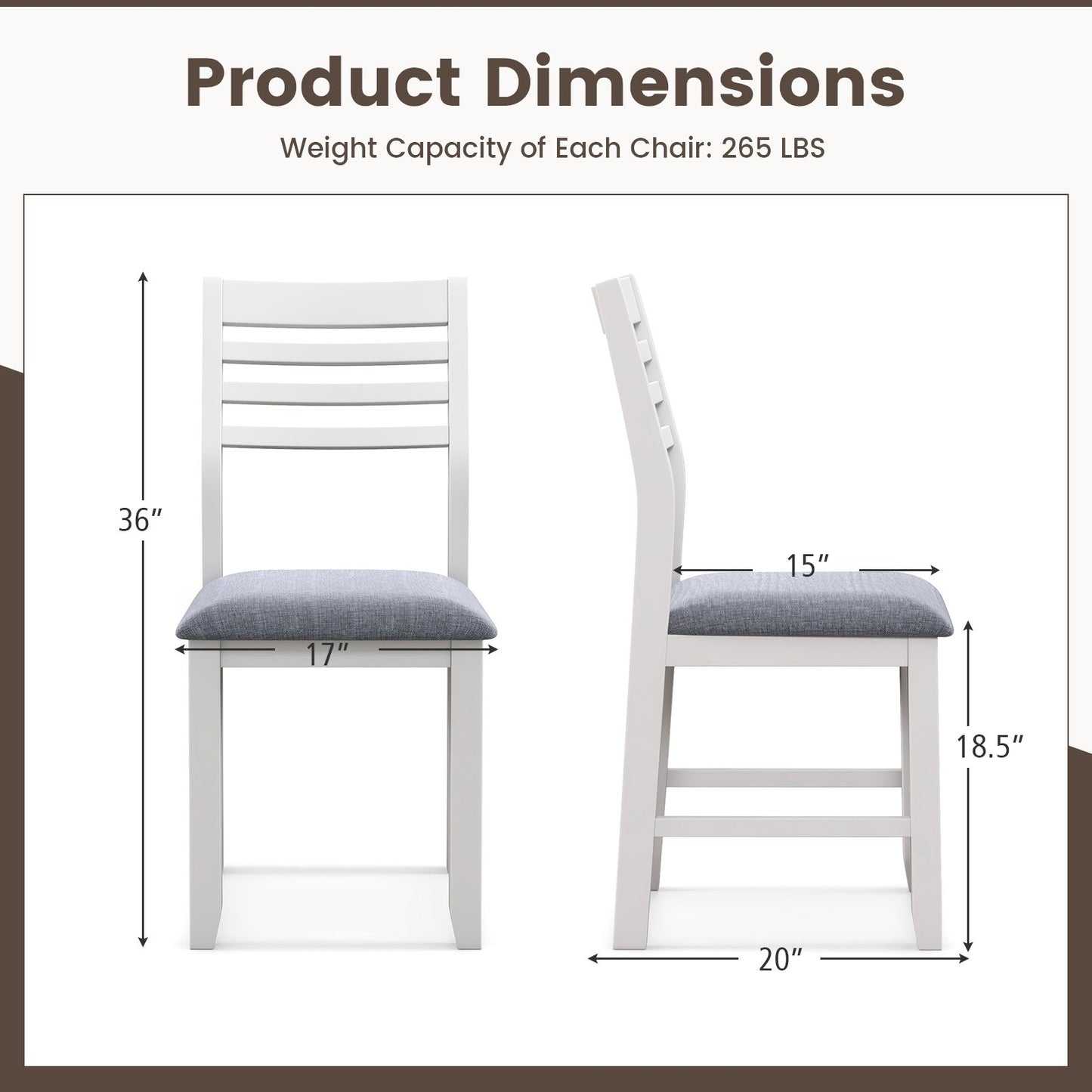 Wooden Dining Chair Set of 2 with Rubber Wood Frame  Padded Cushion and Ladder Back, White Dining Chairs   at Gallery Canada