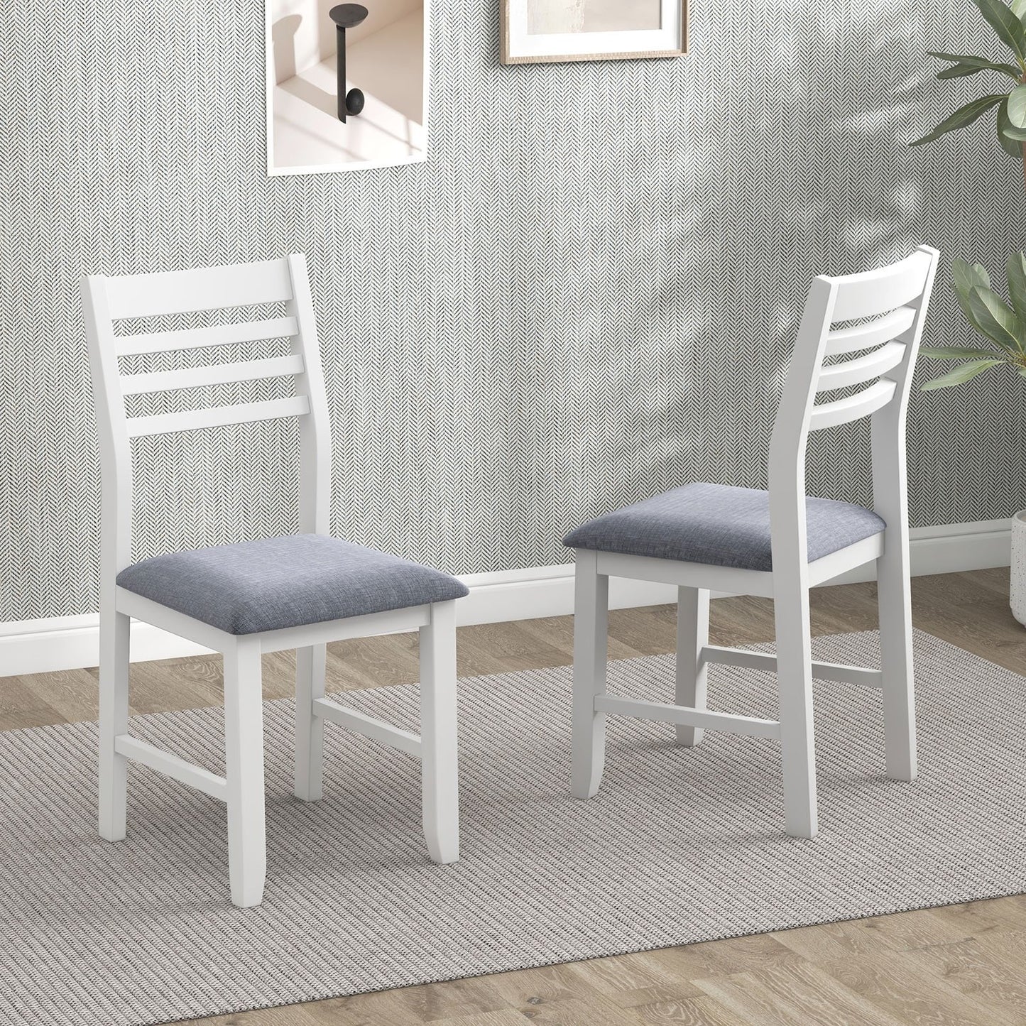 Wooden Dining Chair Set of 2 with Rubber Wood Frame  Padded Cushion and Ladder Back, White Dining Chairs   at Gallery Canada