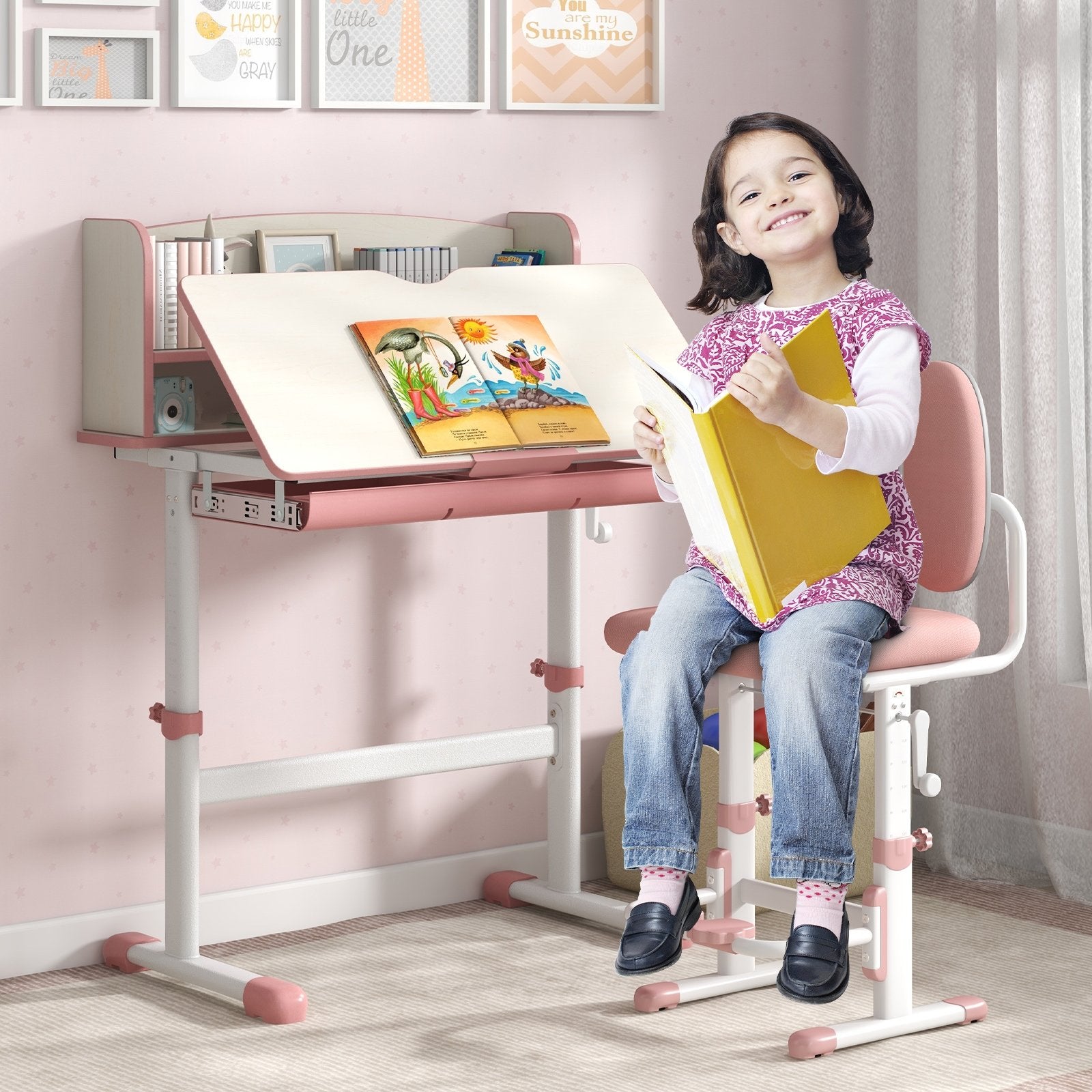 Height Adjustable Kids Study Desk with Tilt Desktop, Pink Kids Table & Chair Sets   at Gallery Canada