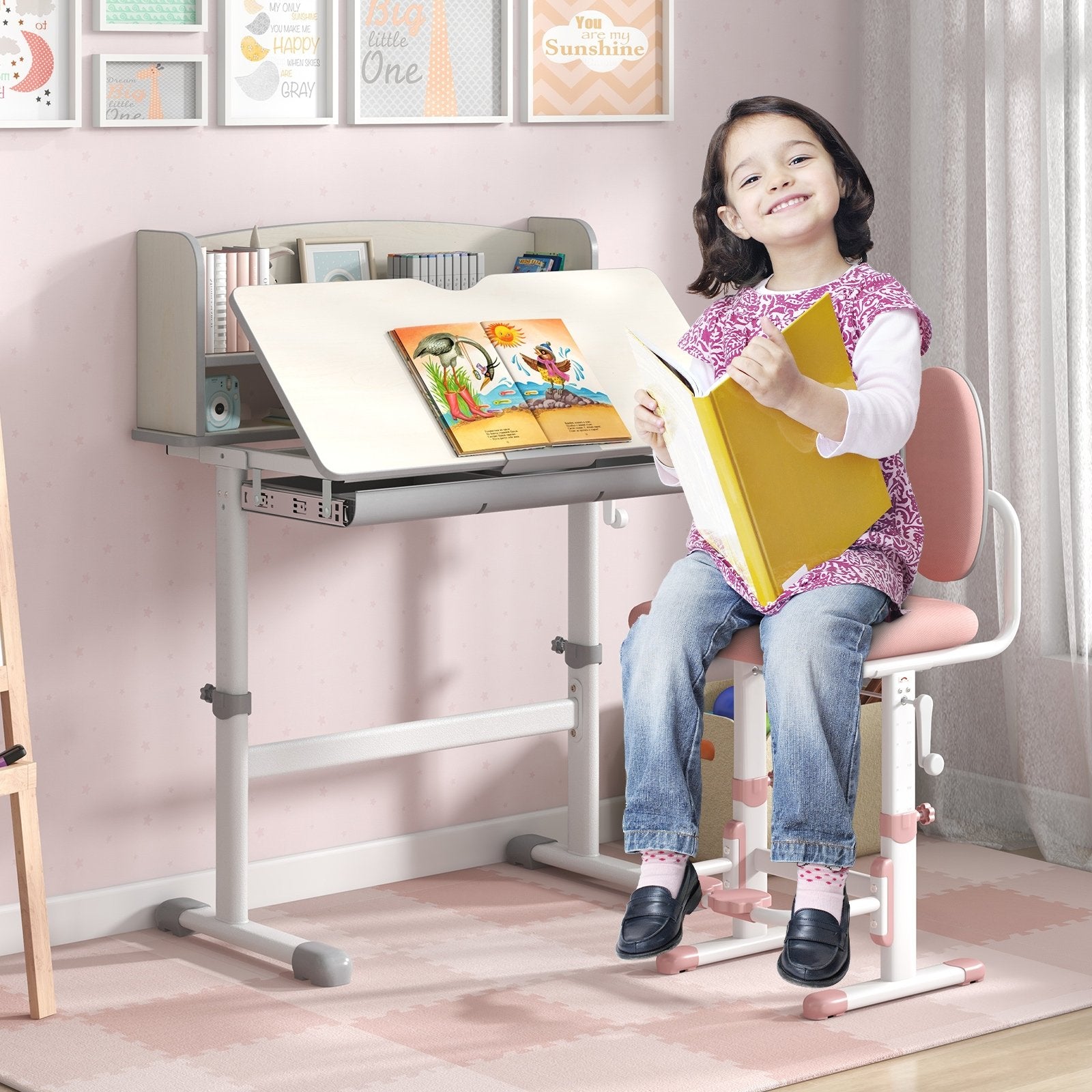 Height Adjustable Kids Study Desk with Tilt Desktop, Gray Kids Table & Chair Sets   at Gallery Canada