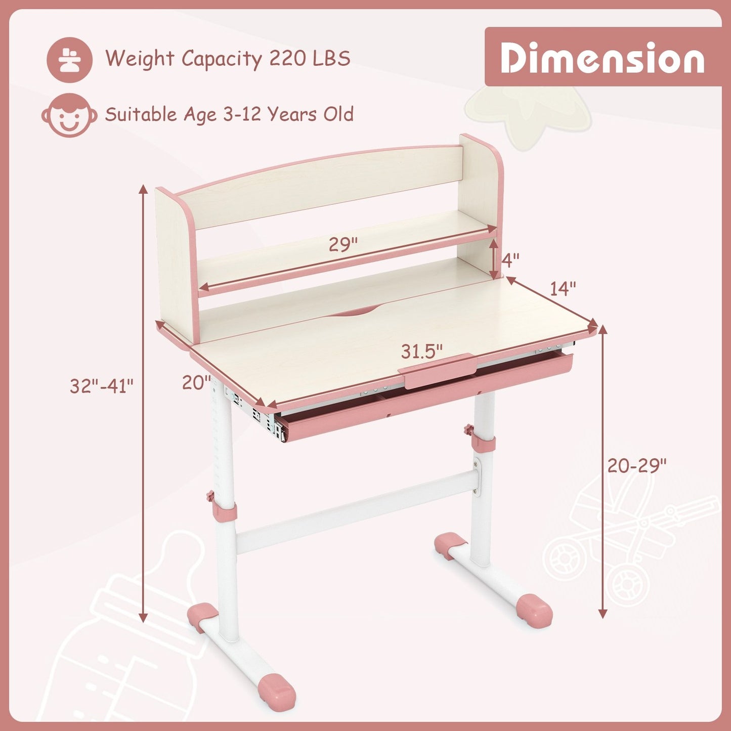 Height Adjustable Kids Study Desk with Tilt Desktop, Pink Kids Table & Chair Sets   at Gallery Canada