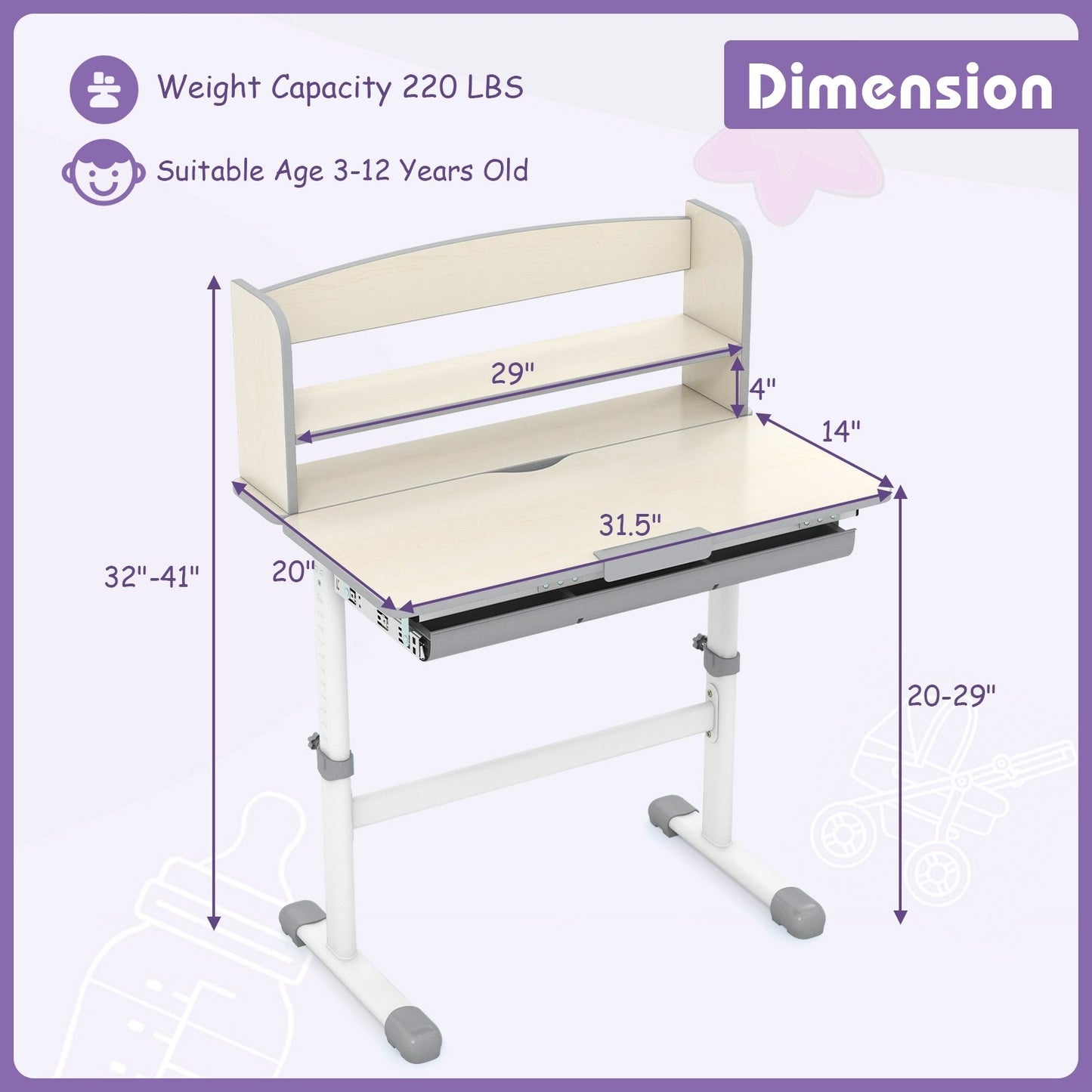 Height Adjustable Kids Study Desk with Tilt Desktop, Gray Kids Table & Chair Sets   at Gallery Canada