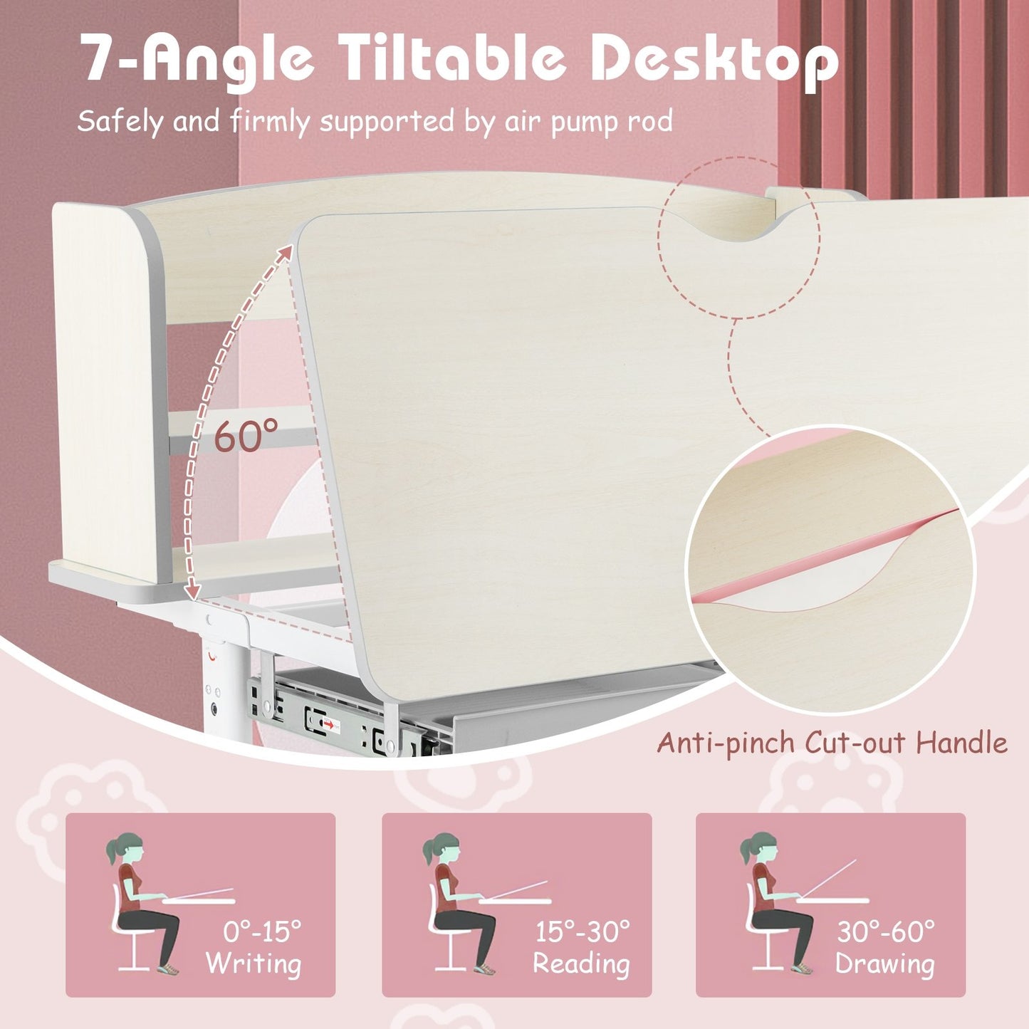 Height Adjustable Kids Study Desk with Tilt Desktop, Pink Kids Table & Chair Sets   at Gallery Canada