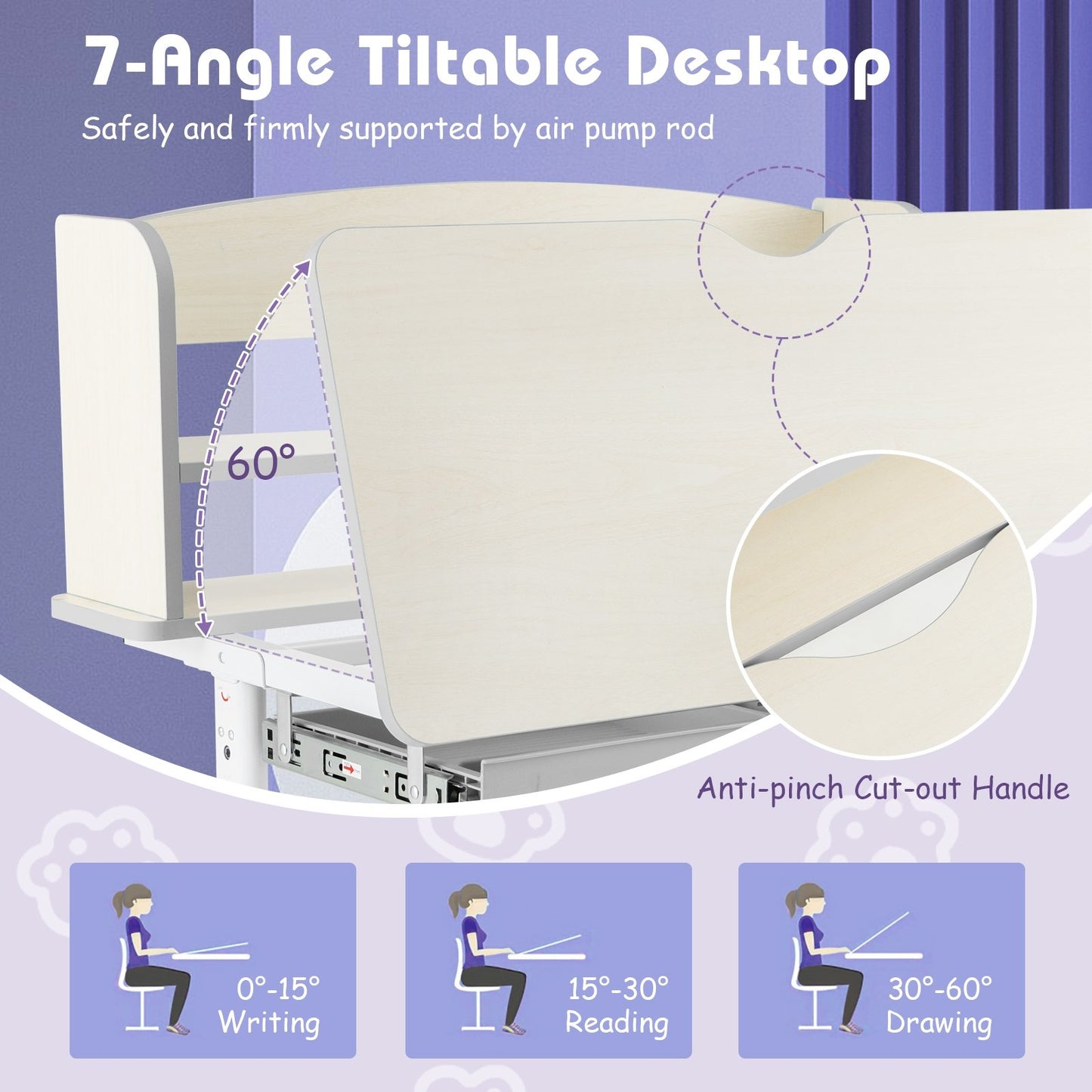 Height Adjustable Kids Study Desk with Tilt Desktop, Gray Kids Table & Chair Sets   at Gallery Canada