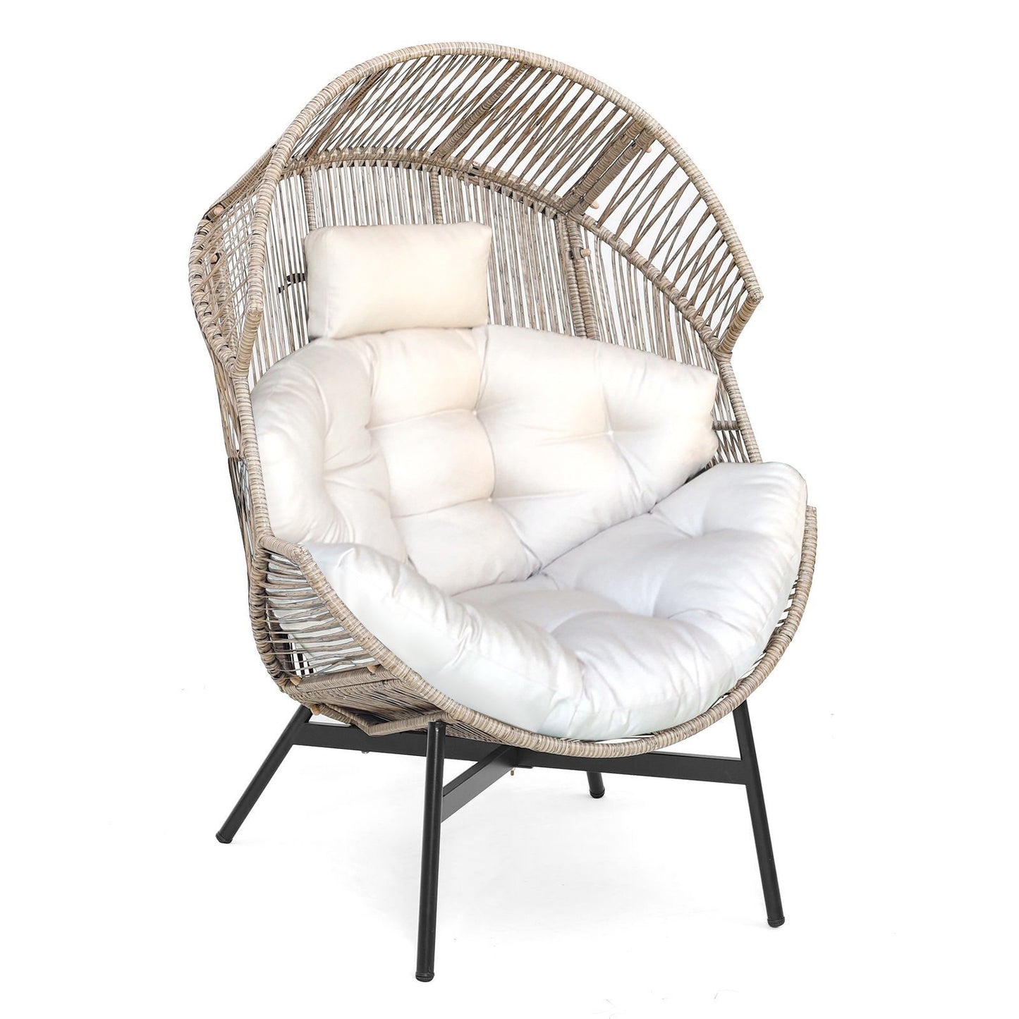 Wicker Oversized Egg Style Chair with Cushions and Headrest, Off White Outdoor Chaise Lounges   at Gallery Canada