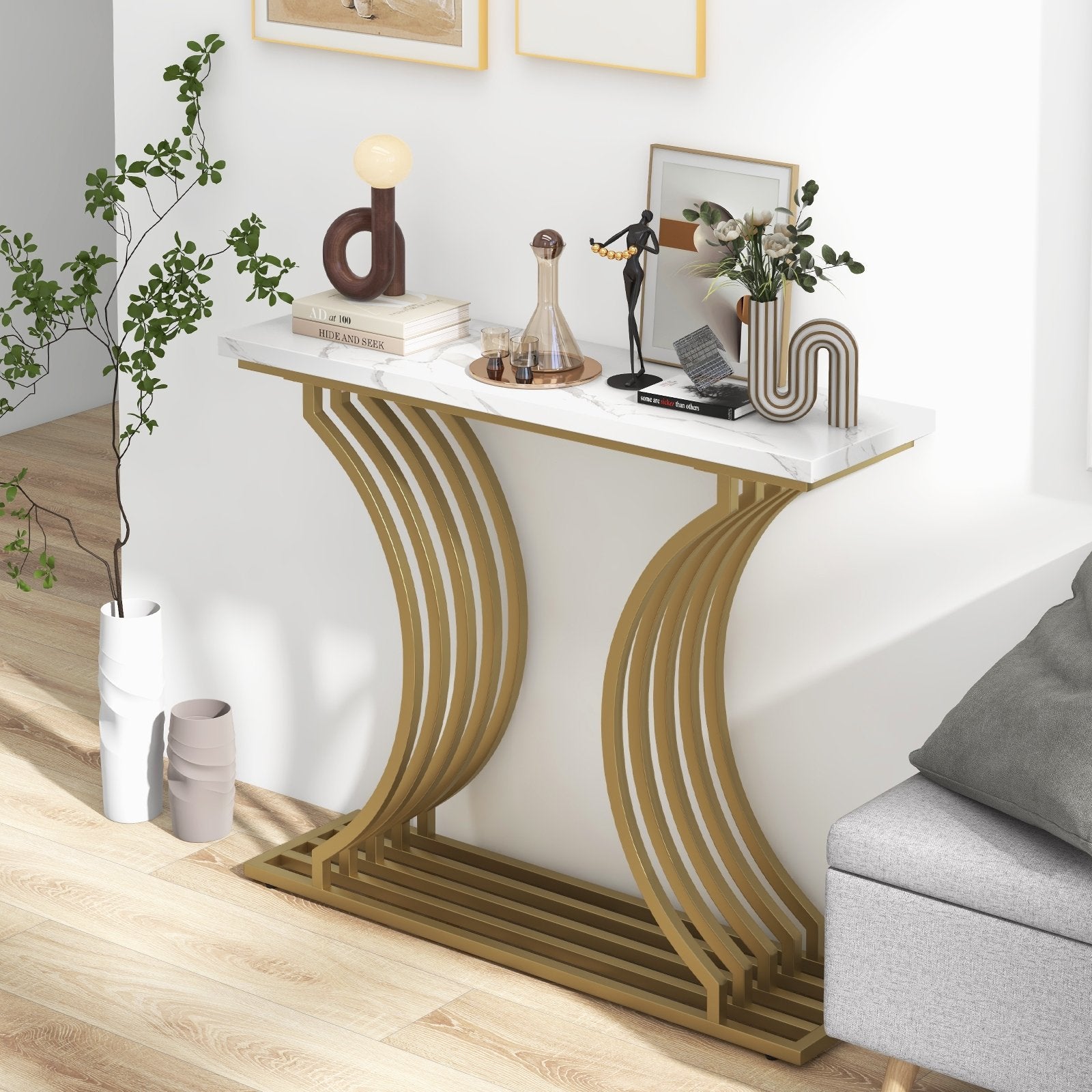 39-Inch Gold Entryway Table Modern Console Table with Faux Marble Tabletop, Golden Console Tables   at Gallery Canada