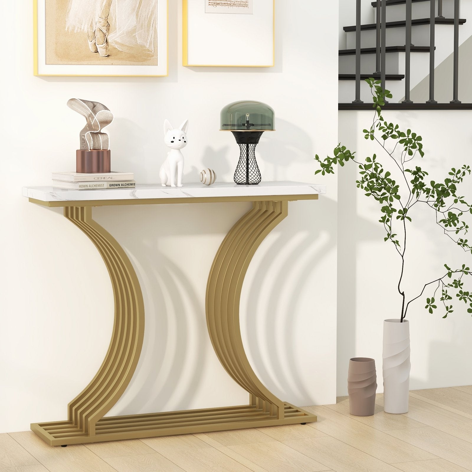 39-Inch Gold Entryway Table Modern Console Table with Faux Marble Tabletop, Golden Console Tables   at Gallery Canada