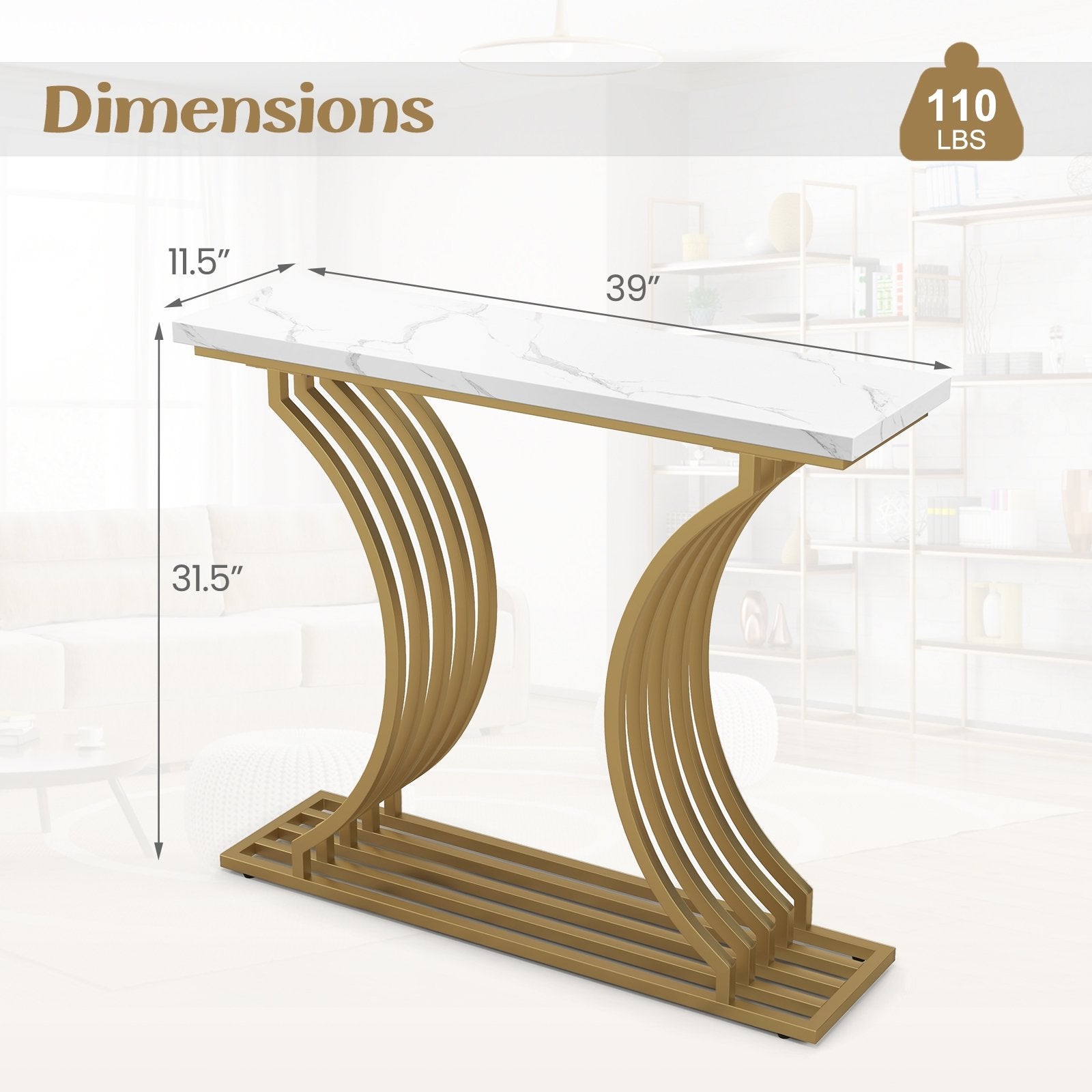 39-Inch Gold Entryway Table Modern Console Table with Faux Marble Tabletop, Golden Console Tables   at Gallery Canada