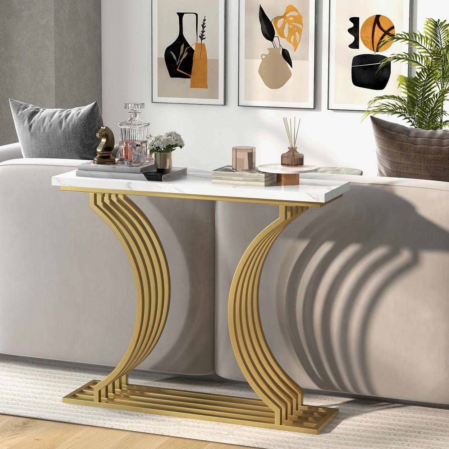 39-Inch Gold Entryway Table Modern Console Table with Faux Marble Tabletop, Golden Console Tables   at Gallery Canada