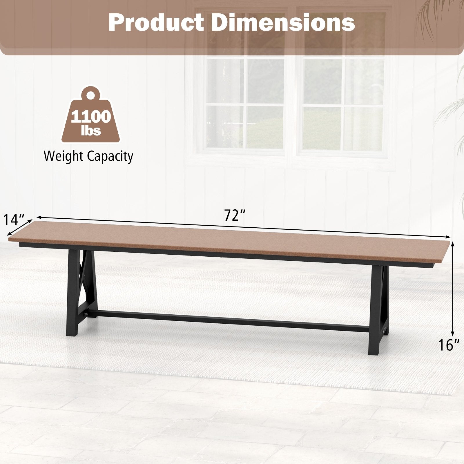 3-4 Person Outdoor HDPE Bench with Metal Frame, Brown Outdoor Benches   at Gallery Canada