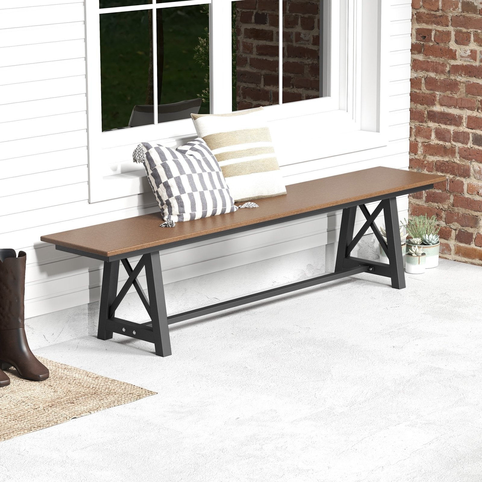 3-4 Person Outdoor HDPE Bench with Metal Frame, Brown Outdoor Benches   at Gallery Canada