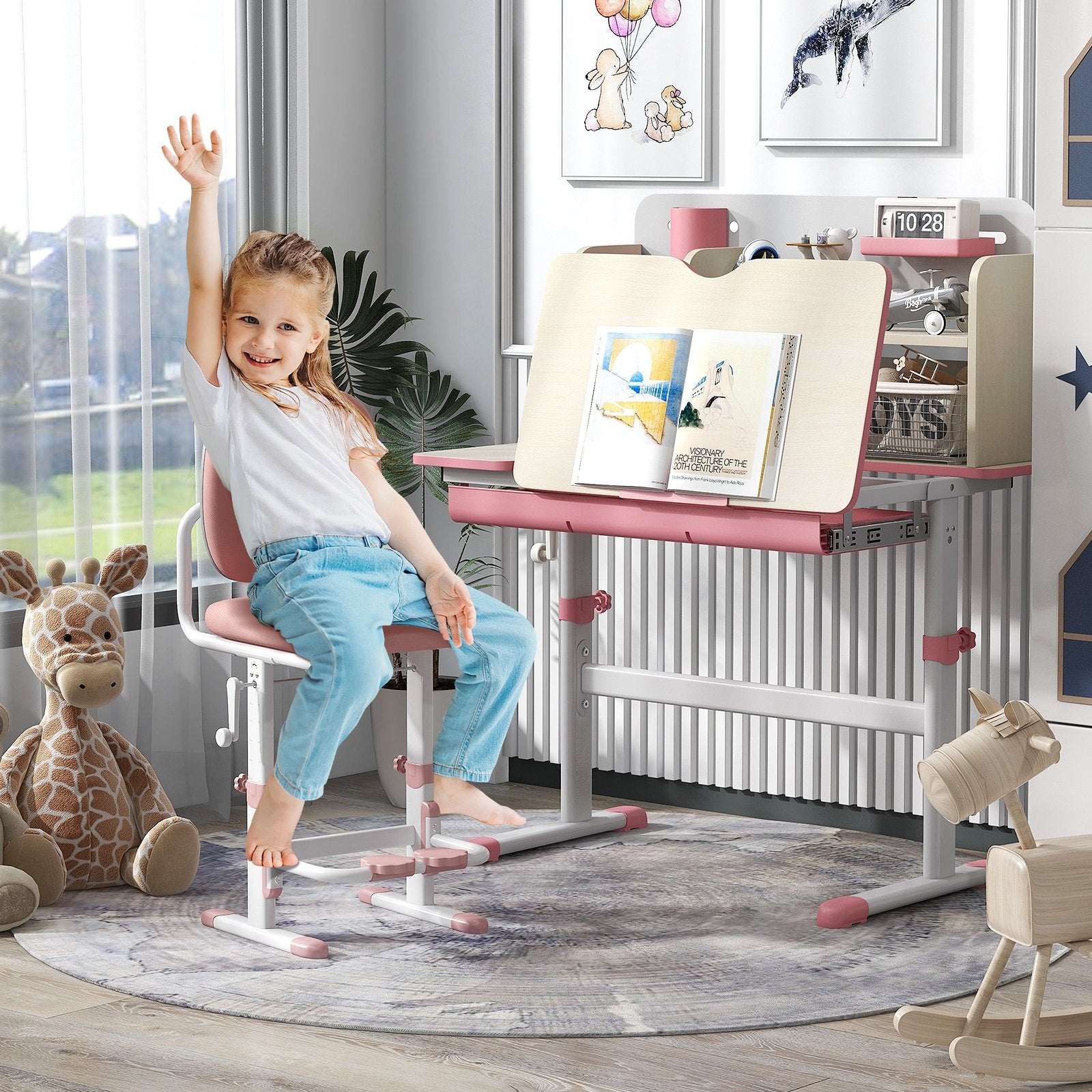 Height Adjustable Kids Study Desk with Tilt Desktop for 3-12 Years Old, Pink Kids Table & Chair Sets   at Gallery Canada