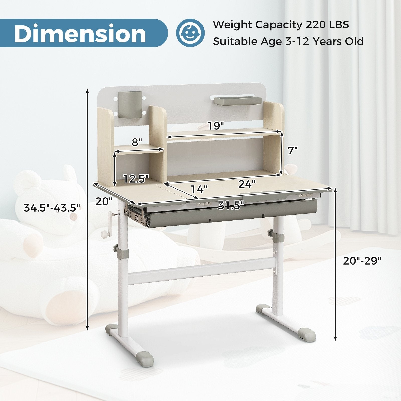 Height Adjustable Kids Study Desk with Tilt Desktop for 3-12 Years Old, Gray Kids Table & Chair Sets   at Gallery Canada