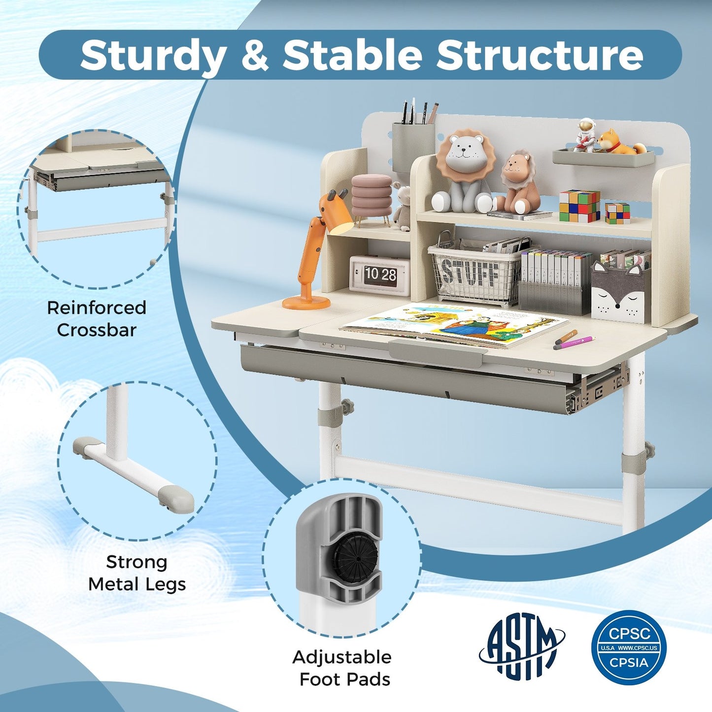 Height Adjustable Kids Study Desk with Tilt Desktop for 3-12 Years Old, Gray Kids Table & Chair Sets   at Gallery Canada