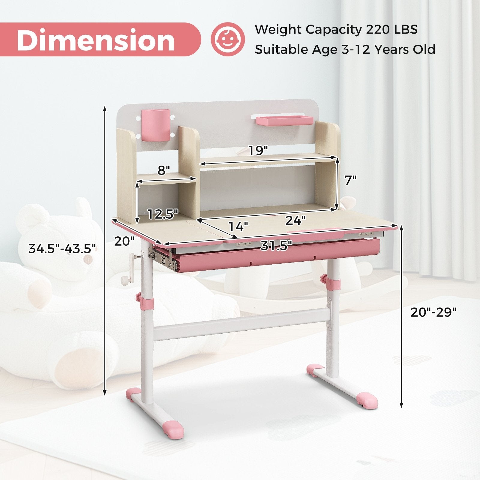 Height Adjustable Kids Study Desk with Tilt Desktop for 3-12 Years Old, Pink Kids Table & Chair Sets   at Gallery Canada