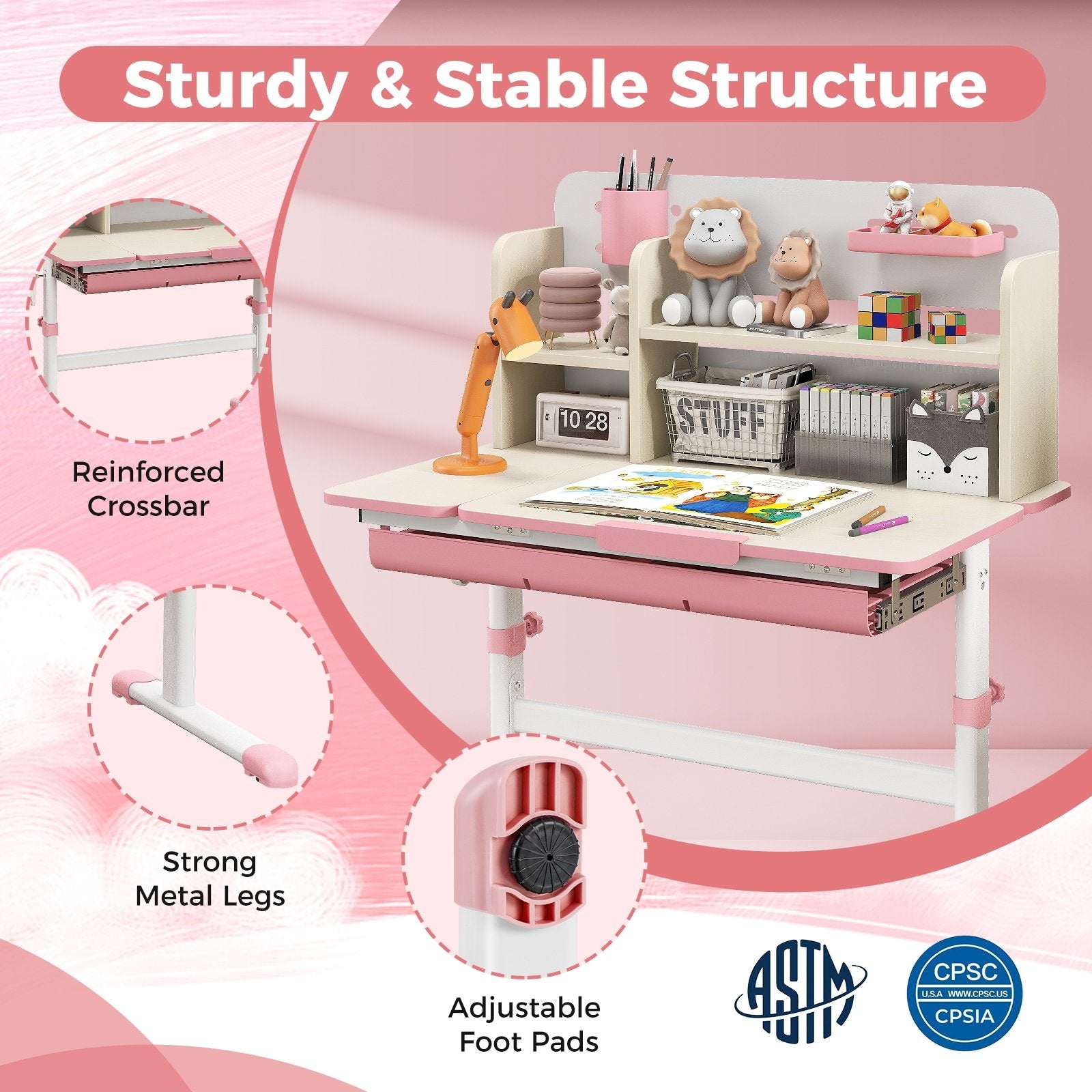 Height Adjustable Kids Study Desk with Tilt Desktop for 3-12 Years Old, Pink Kids Table & Chair Sets   at Gallery Canada