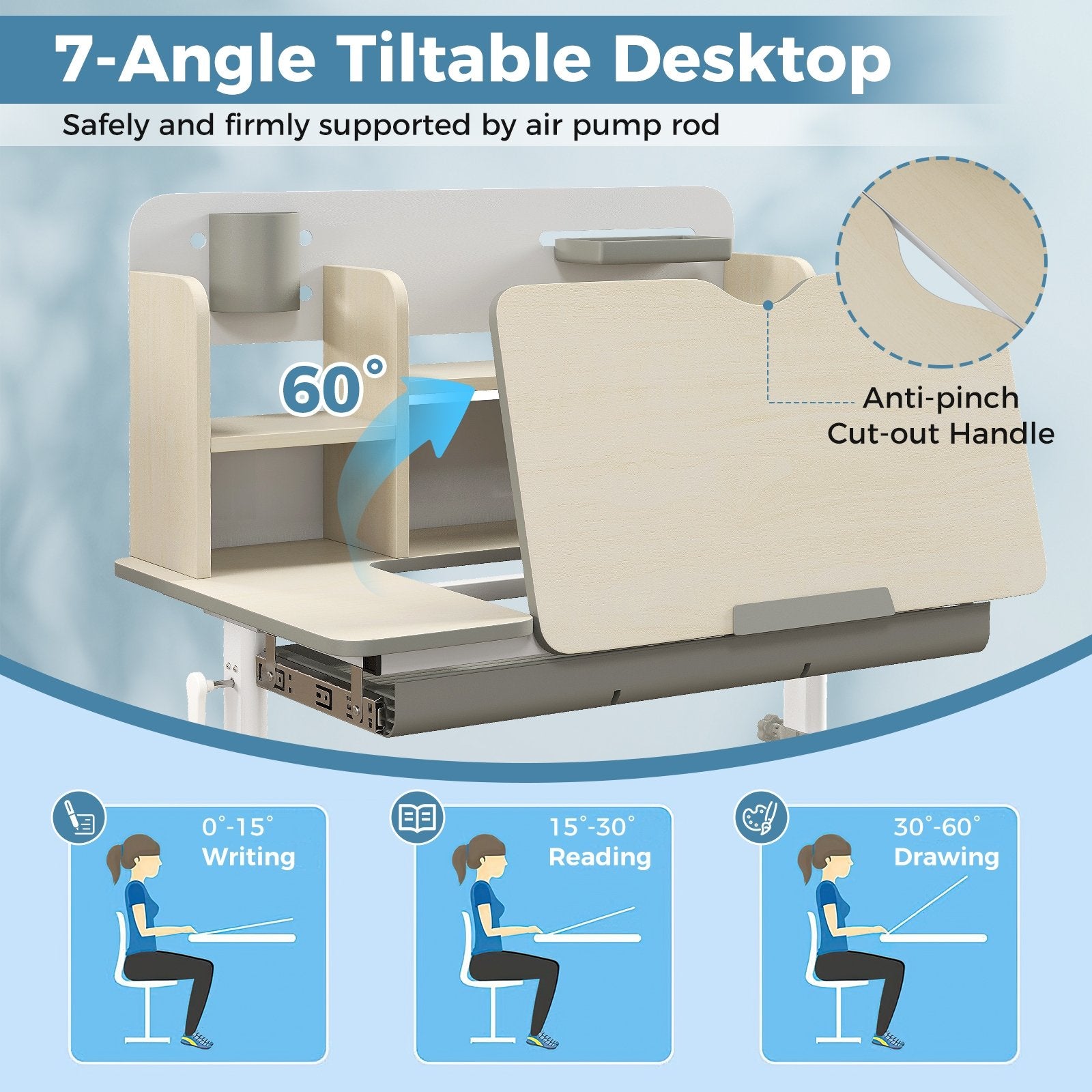 Height Adjustable Kids Study Desk with Tilt Desktop for 3-12 Years Old, Gray Kids Table & Chair Sets   at Gallery Canada