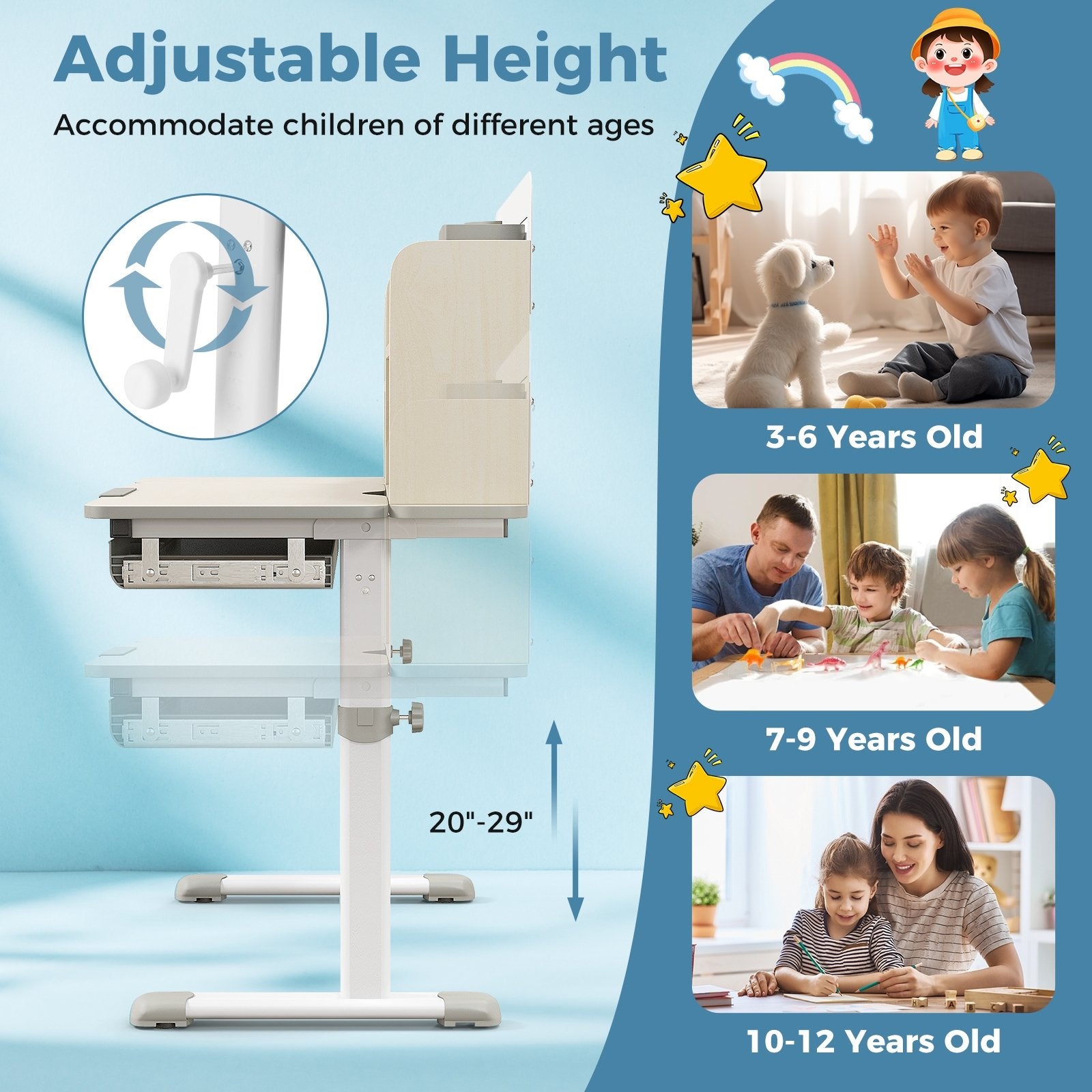 Height Adjustable Kids Study Desk with Tilt Desktop for 3-12 Years Old, Gray Kids Table & Chair Sets   at Gallery Canada