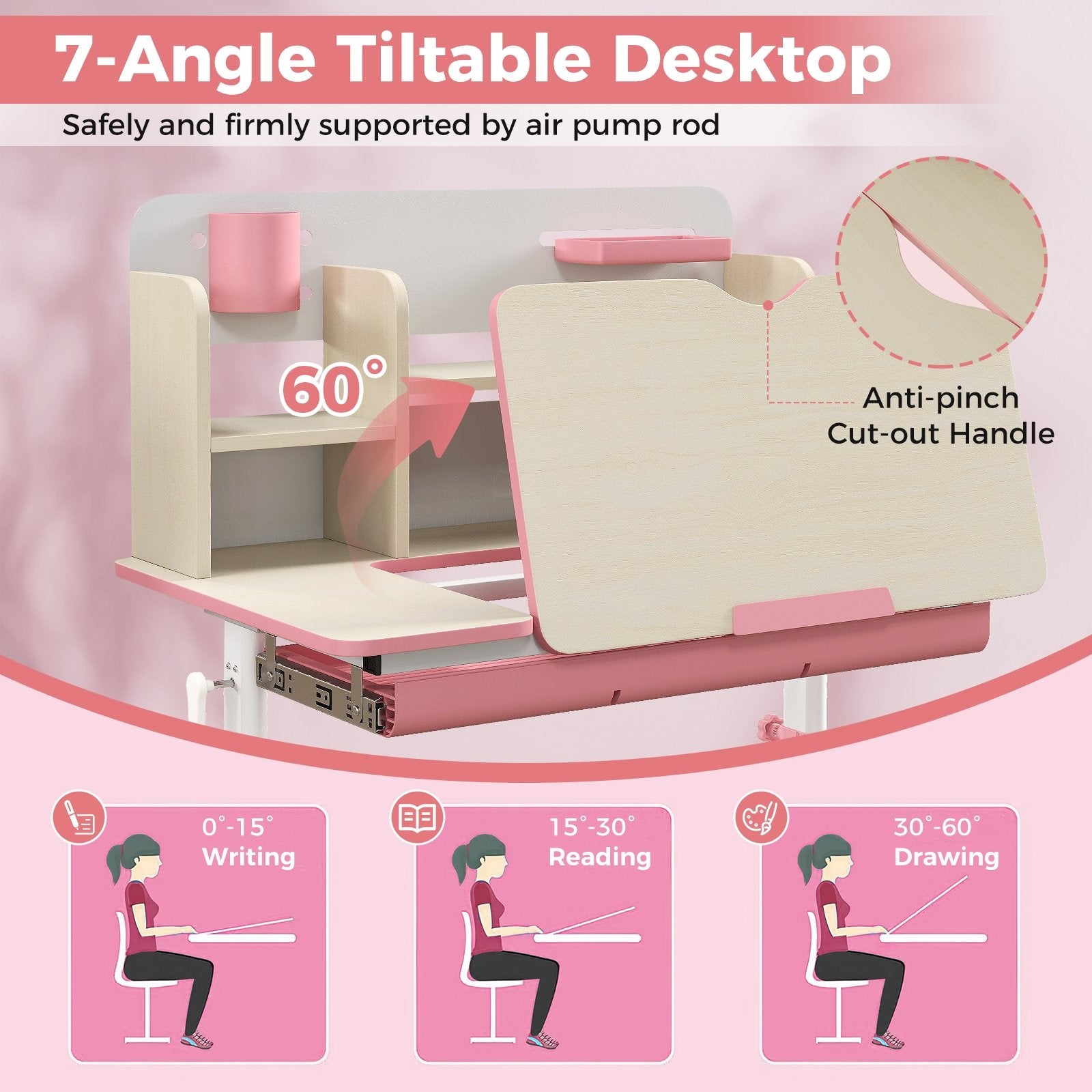 Height Adjustable Kids Study Desk with Tilt Desktop for 3-12 Years Old, Pink - Gallery Canada