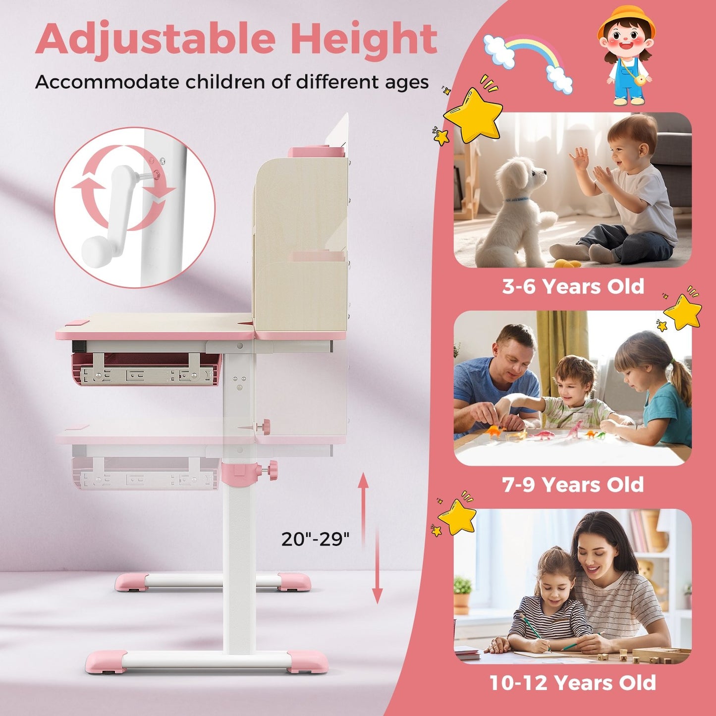 Height Adjustable Kids Study Desk with Tilt Desktop for 3-12 Years Old, Pink Kids Table & Chair Sets   at Gallery Canada