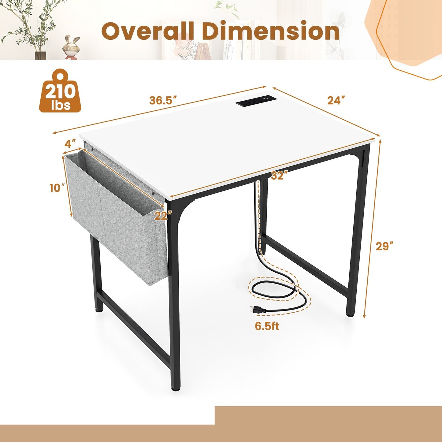 32 Inch Computer Desk Small Home Office Desk with Charging Station, White Computer Desks   at Gallery Canada