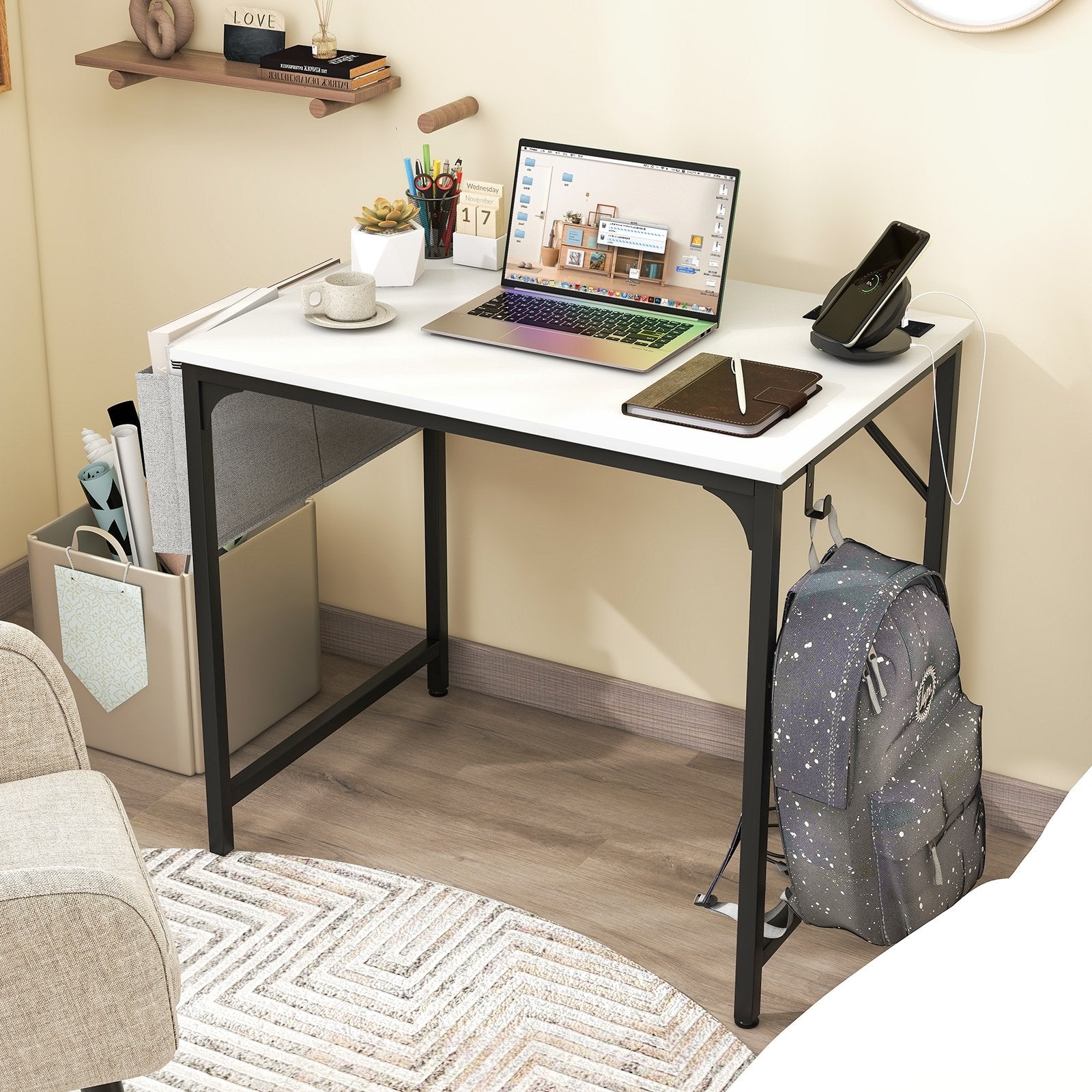 32 Inch Computer Desk Small Home Office Desk with Charging Station, White Computer Desks   at Gallery Canada