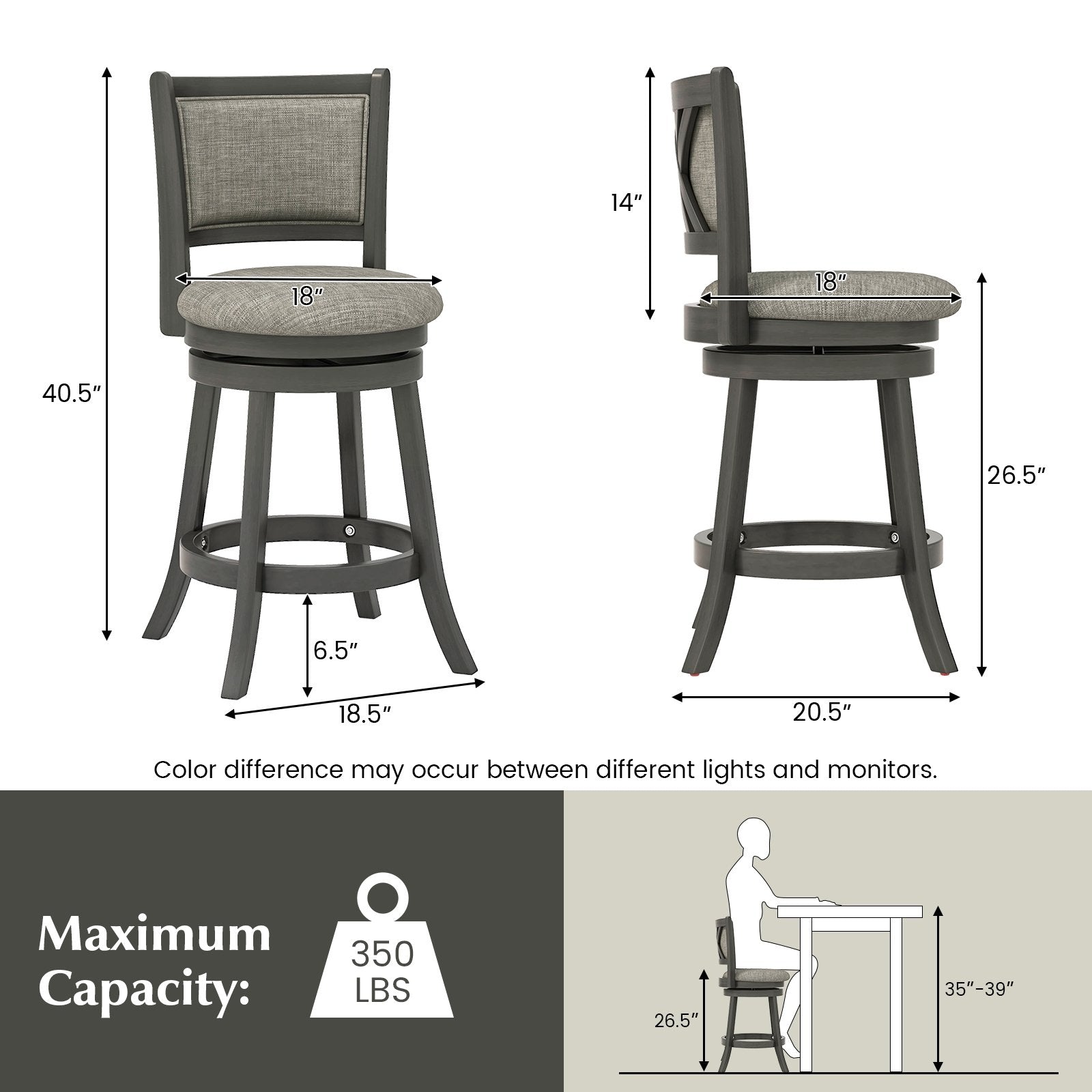 Swivel Bar Stools Set of 2 with Soft-padded Back and Seat-S, Gray Bar Stools   at Gallery Canada