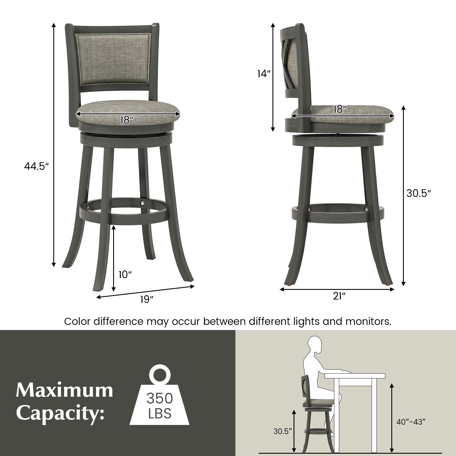 Swivel Bar Stools Set of 2 with Soft-padded Back and Seat-L, Gray Bar Stools   at Gallery Canada