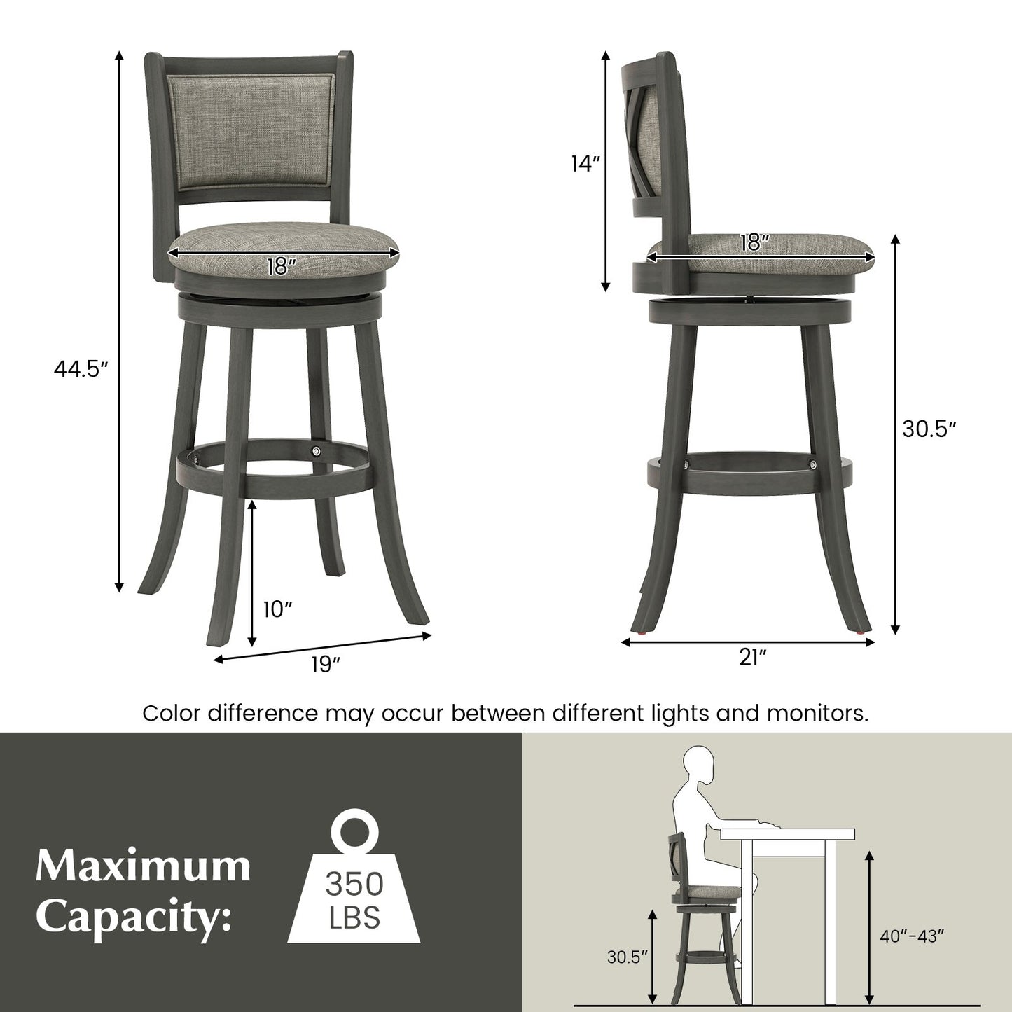 Swivel Bar Stools Set of 2 with Soft-padded Back and Seat-L, Gray Bar Stools   at Gallery Canada