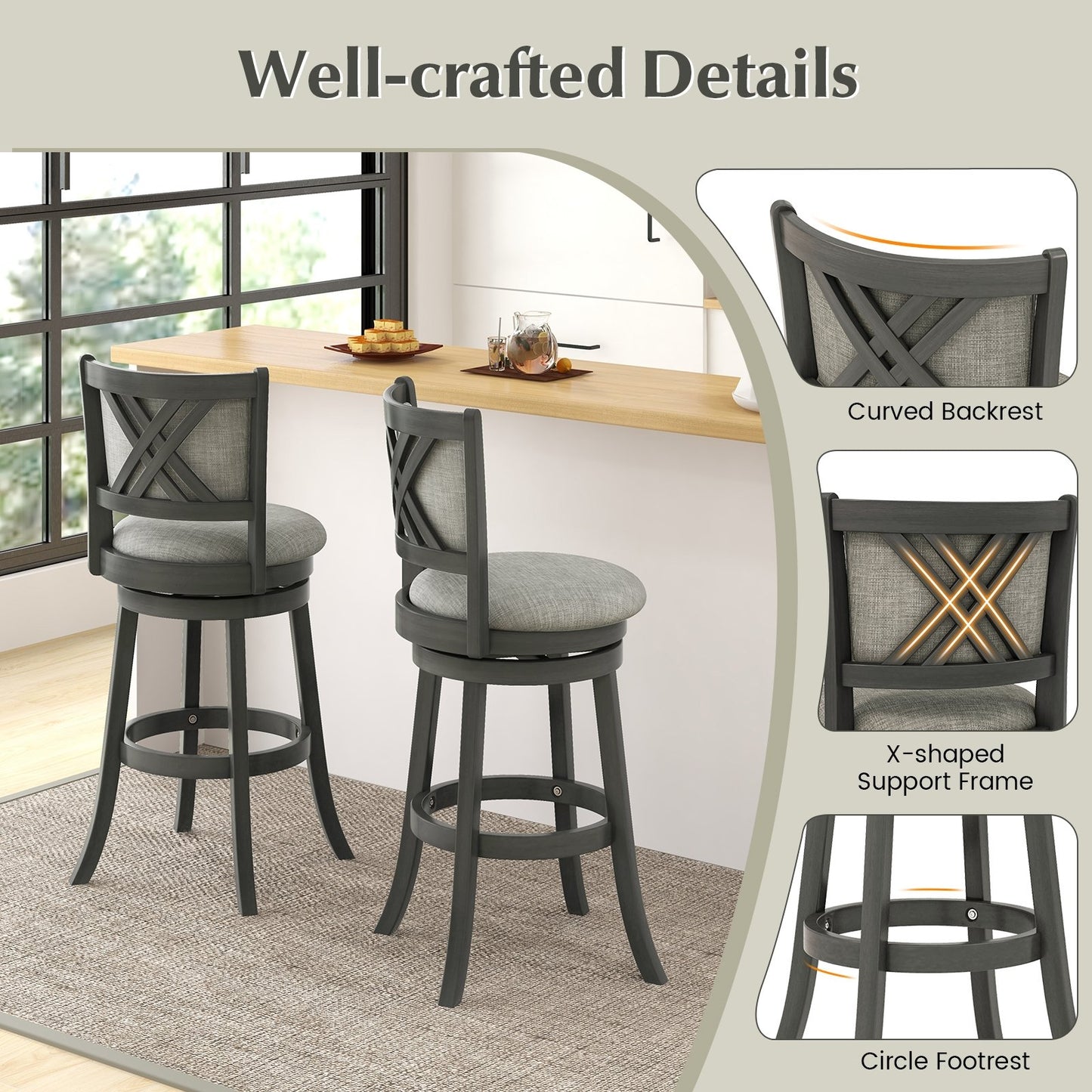 Swivel Bar Stools Set of 2 with Soft-padded Back and Seat-L, Gray Bar Stools   at Gallery Canada