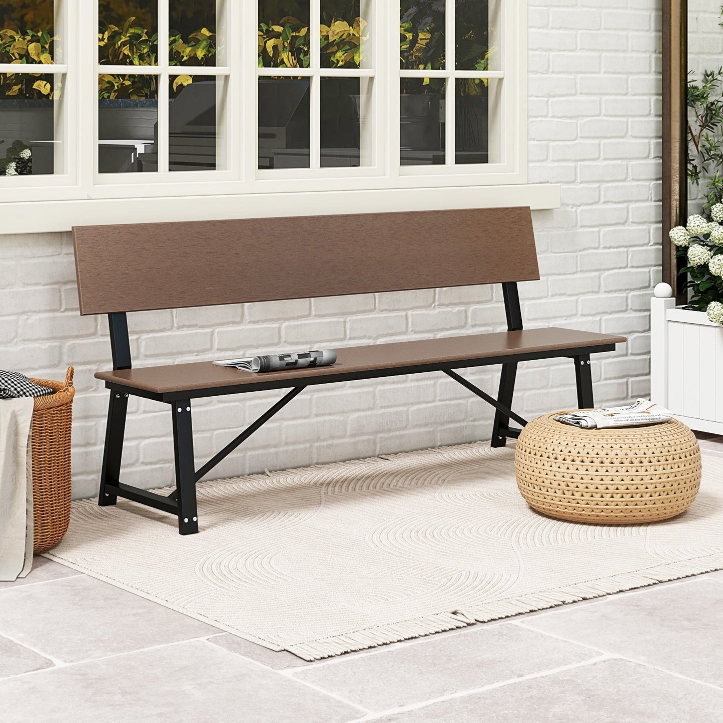 72 Inch Extra Long Bench with All-Weather HDPE Seat & Back for Yard Garden Porch, Brown - Gallery Canada