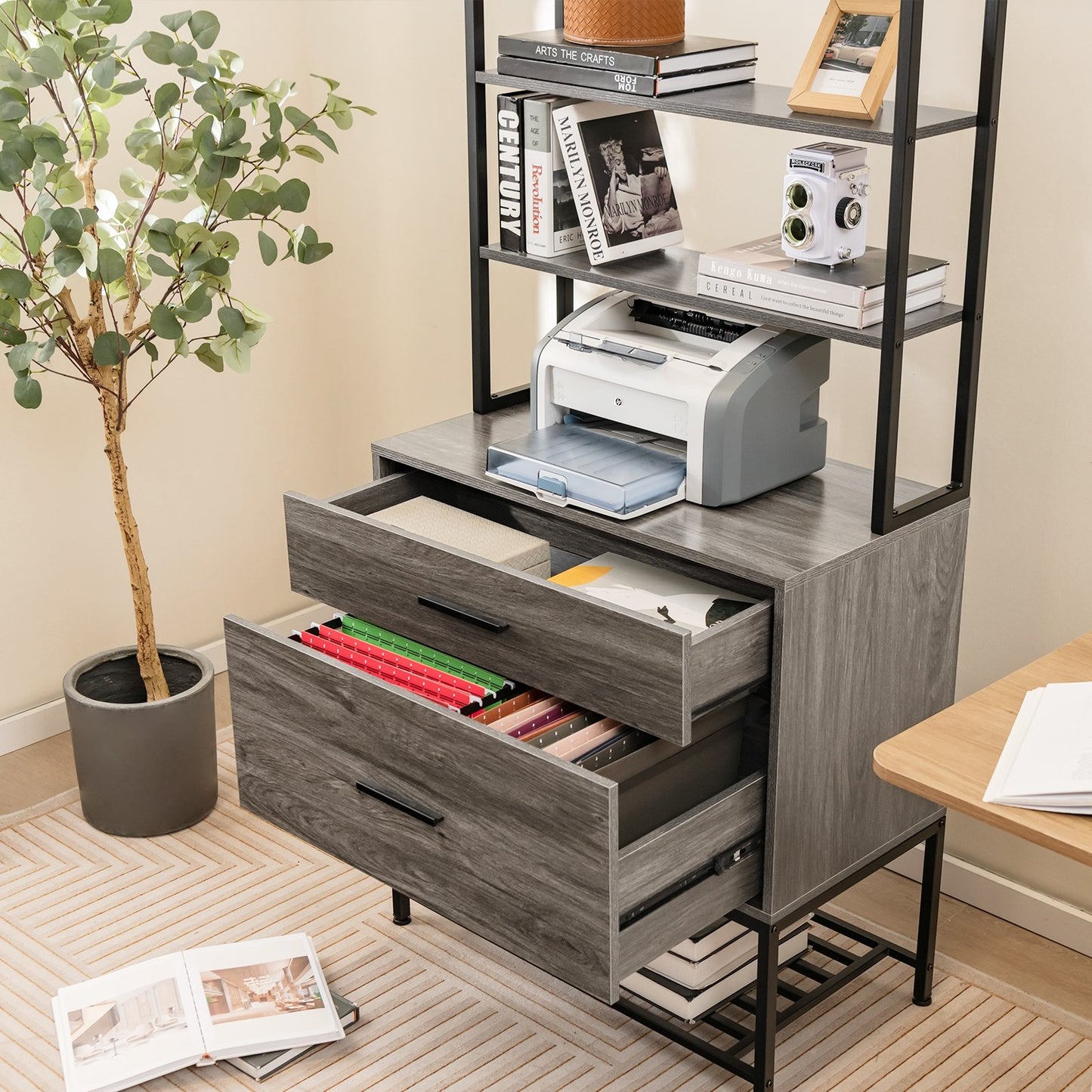 Freestanding File Cabinet with Charging Station and 3-Tier Open Shelves, Gray Cat Trees Condos & Scratchers   at Gallery Canada