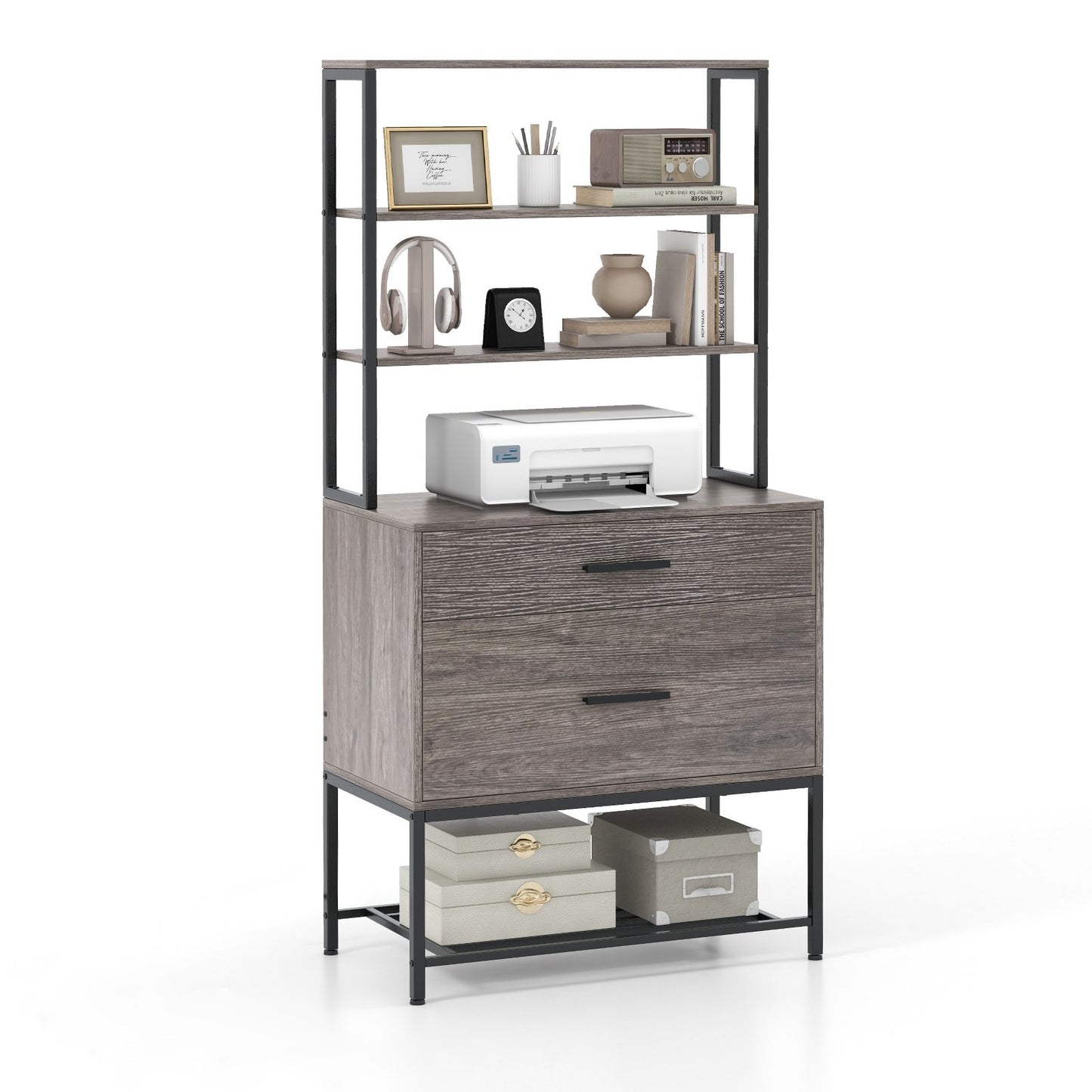 Freestanding File Cabinet with Charging Station and 3-Tier Open Shelves, Gray Cat Trees Condos & Scratchers   at Gallery Canada