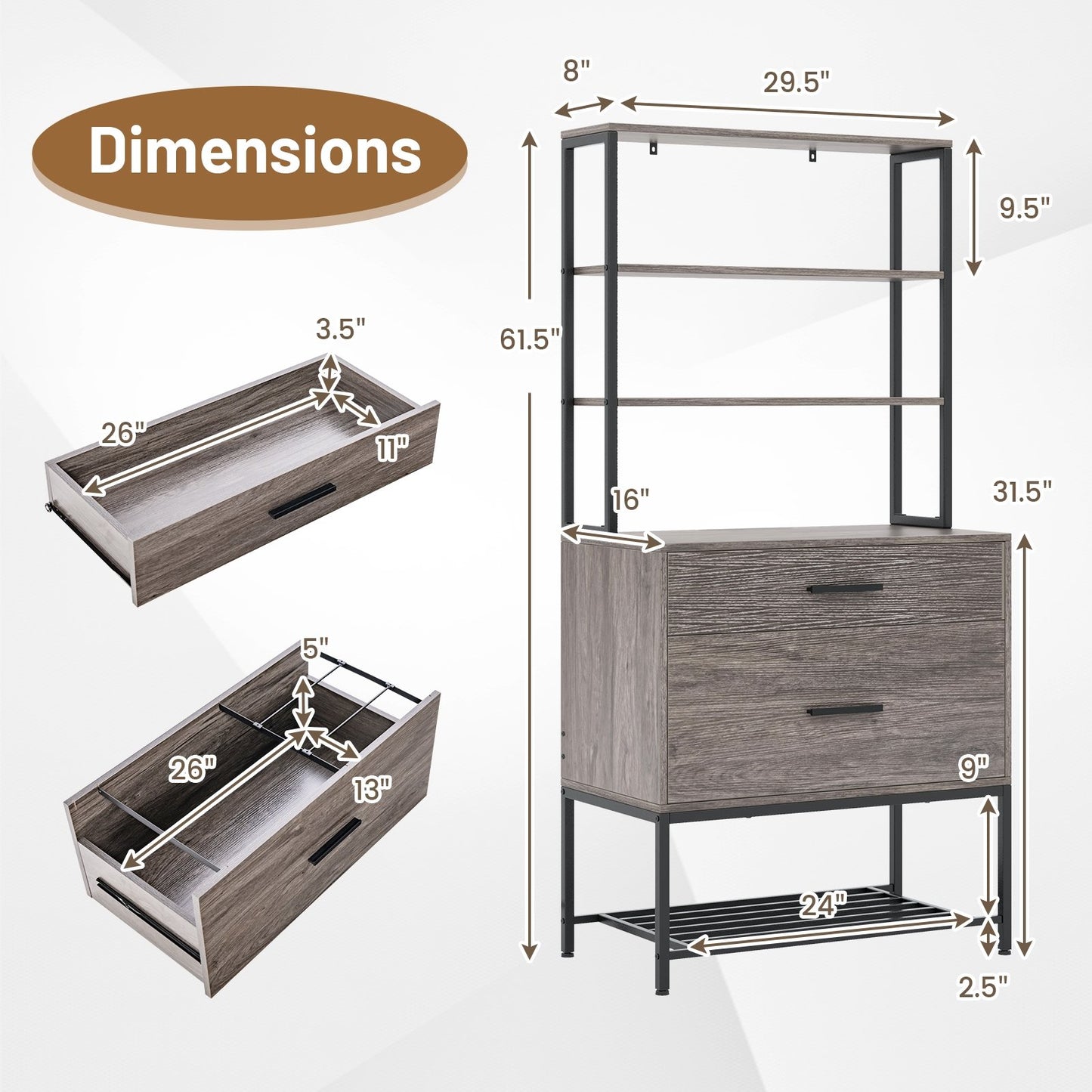 Freestanding File Cabinet with Charging Station and 3-Tier Open Shelves, Gray Cat Trees Condos & Scratchers   at Gallery Canada