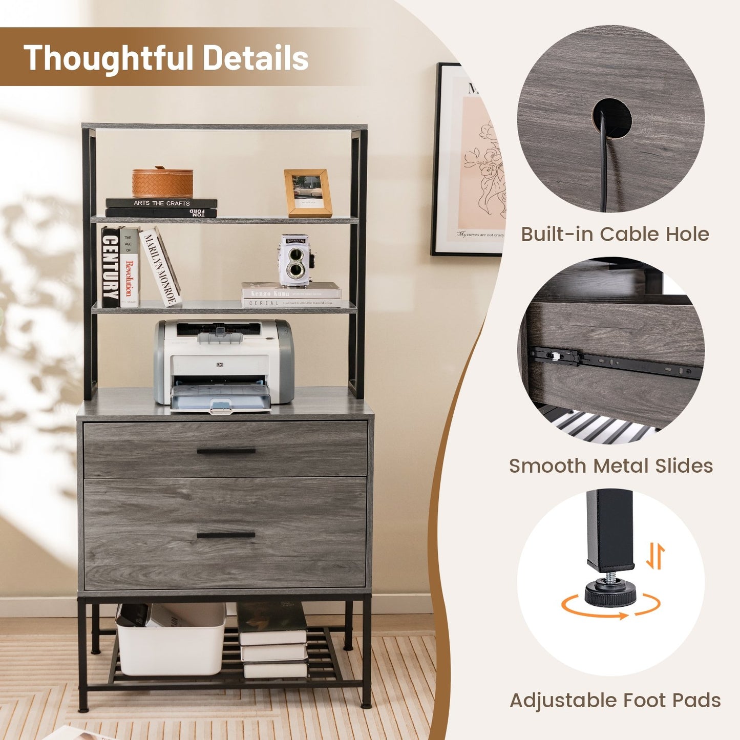 Freestanding File Cabinet with Charging Station and 3-Tier Open Shelves, Gray Cat Trees Condos & Scratchers   at Gallery Canada