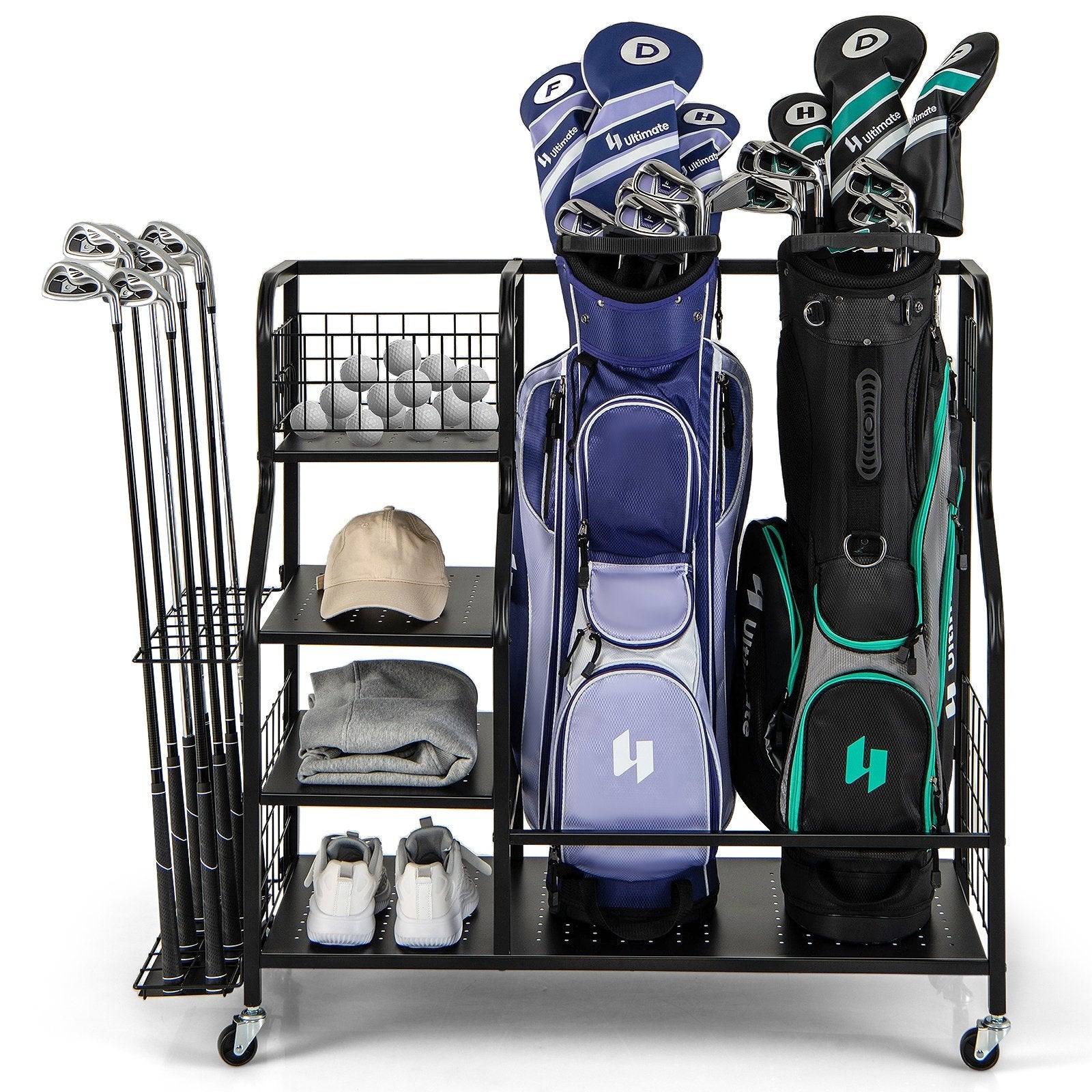 Golf Bag Organizer for 2 Golf Bags with Golf Clubs Rack and Lockable Wheels, Black Golf   at Gallery Canada