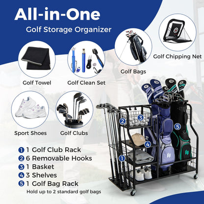 Golf Bag Organizer for 2 Golf Bags with Golf Clubs Rack and Lockable Wheels, Black Golf   at Gallery Canada