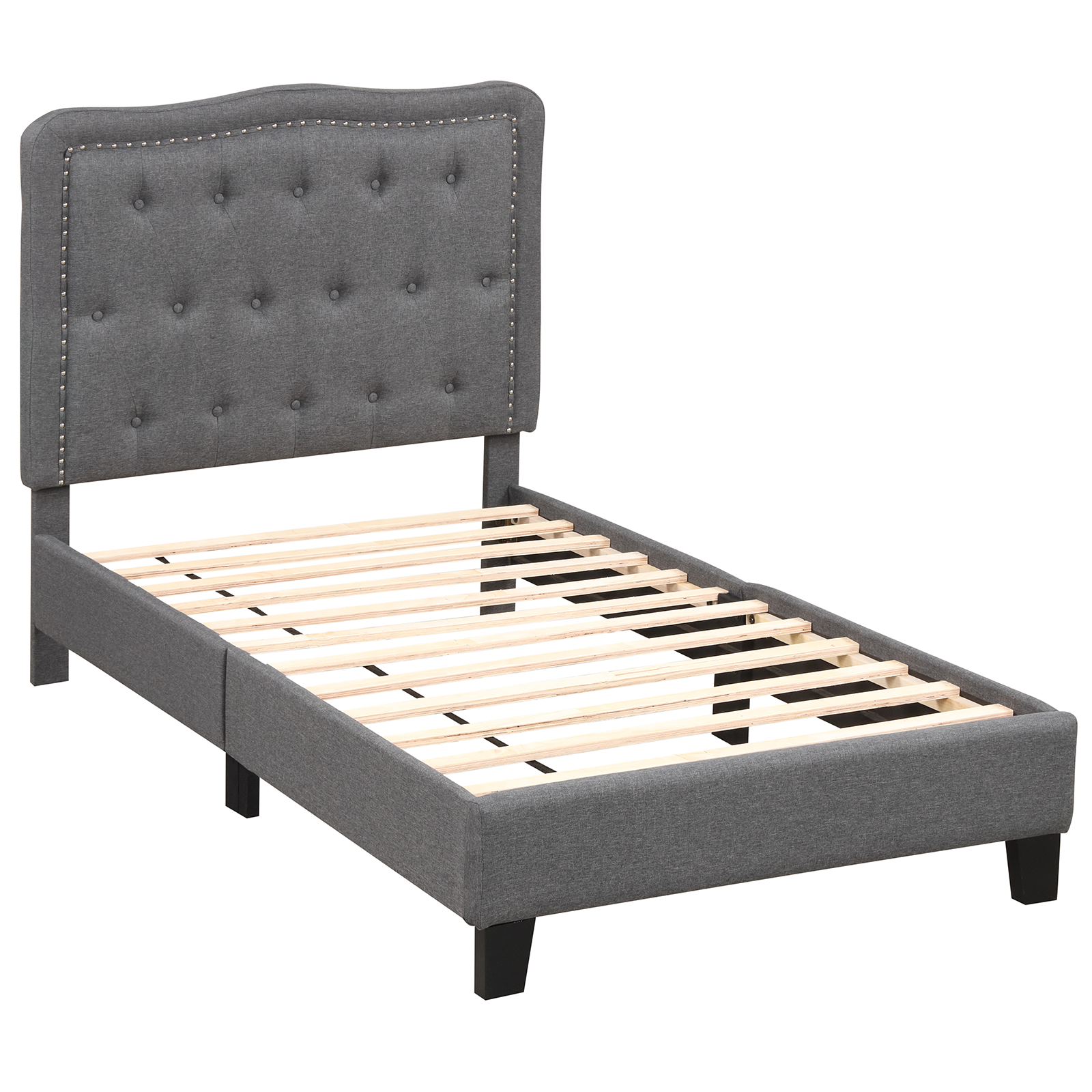 Twin Size Bed Frame with 46 Inch Tall Button Tufted Headboard, Gray Simple Bed Frame Gray  at Gallery Canada