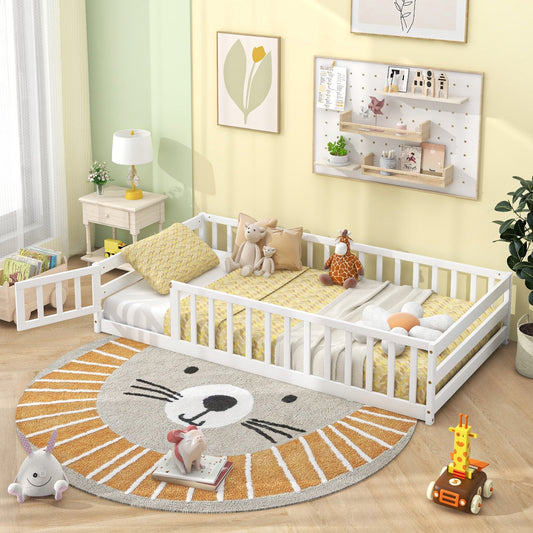 Twin Size Kids Wood Montessori Floor Bed with Door and Fence, White Toddler Beds   at Gallery Canada