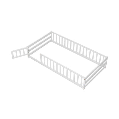 Twin Size Kids Wood Montessori Floor Bed with Door and Fence, White Toddler Beds   at Gallery Canada