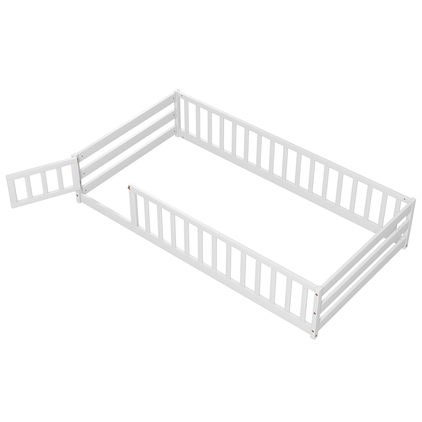 Twin Size Kids Wood Montessori Floor Bed with Door and Fence, White Toddler Beds   at Gallery Canada