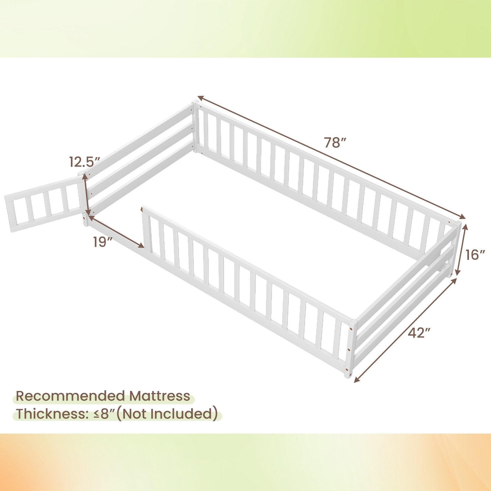 Twin Size Kids Wood Montessori Floor Bed with Door and Fence, White Toddler Beds   at Gallery Canada