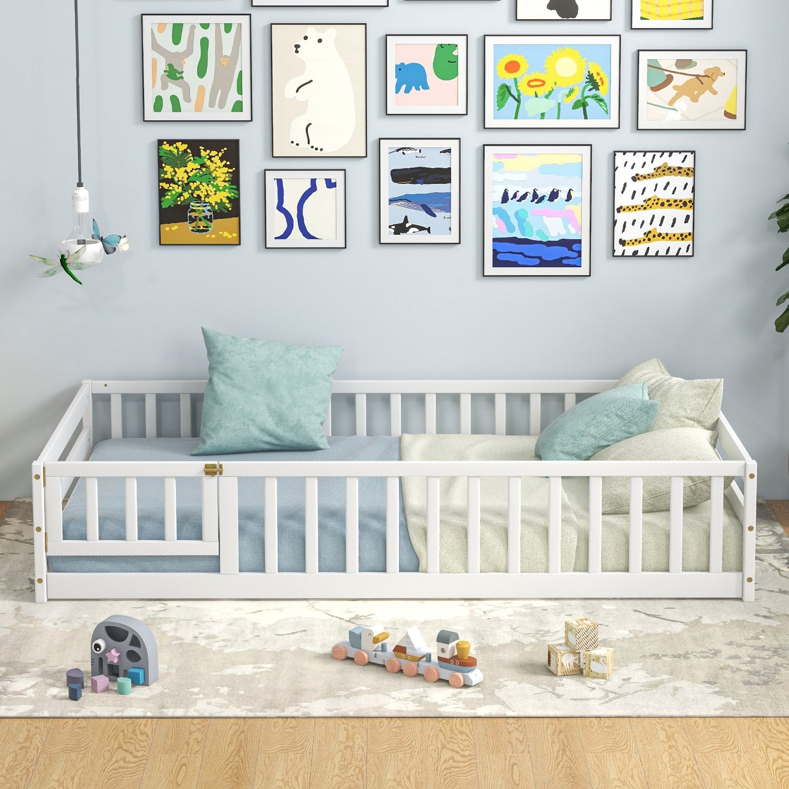 Twin Size Kids Wood Montessori Floor Bed with Door and Fence, White Toddler Beds   at Gallery Canada