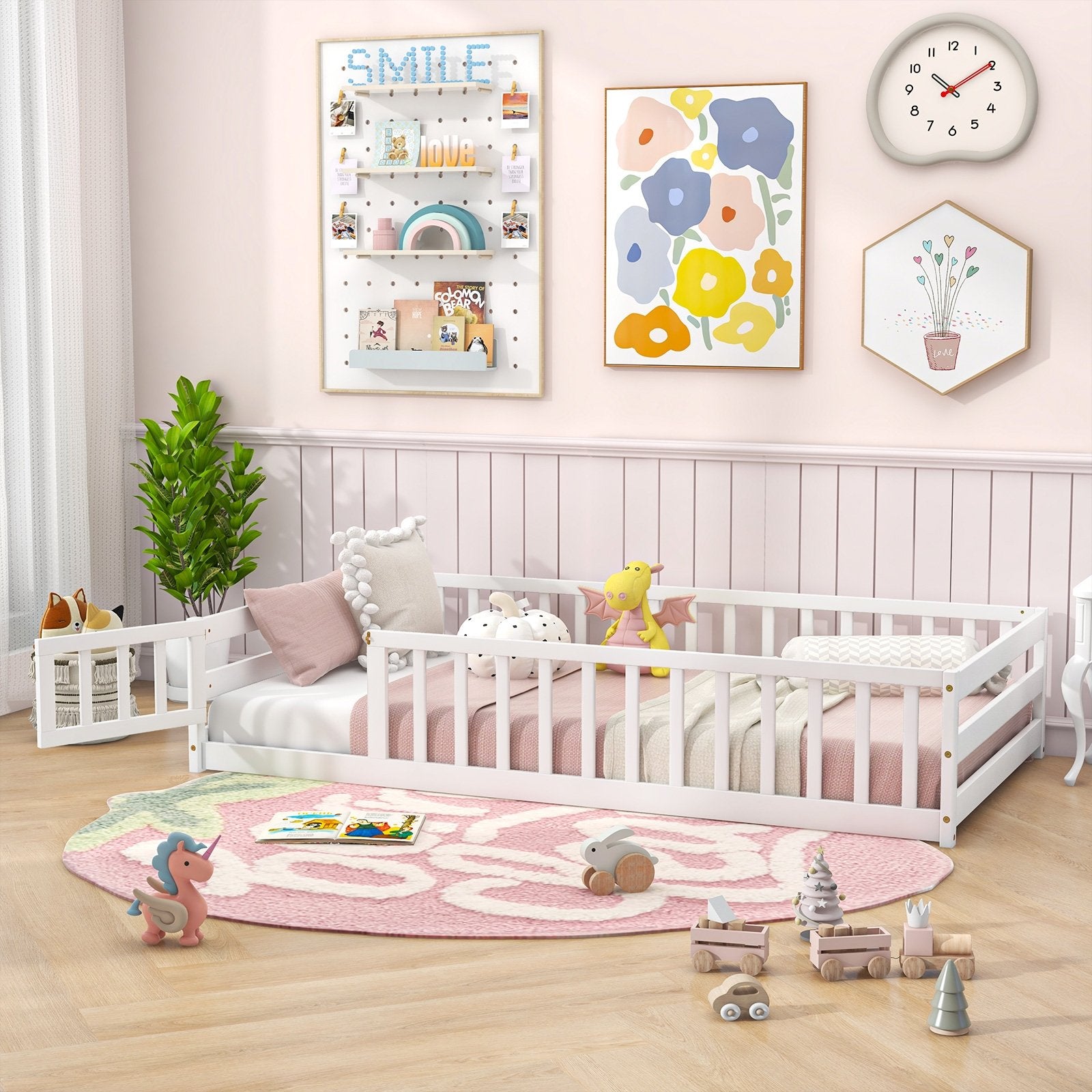 Twin Size Kids Wood Montessori Floor Bed with Door and Fence, White Toddler Beds   at Gallery Canada