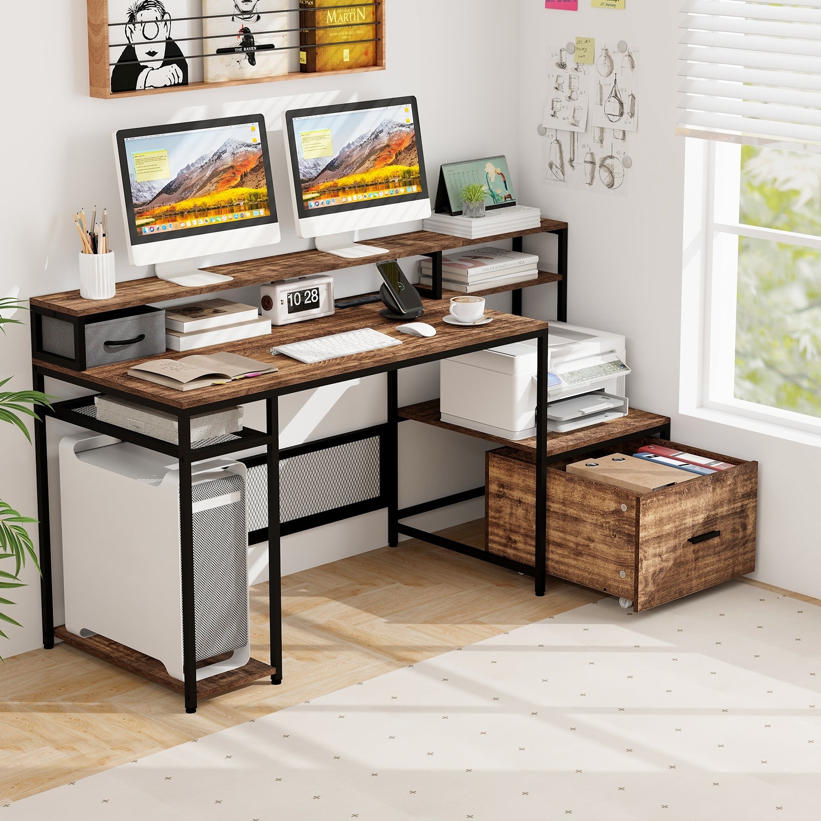 67 Inch Computer Desk with Monitor Stand & File Drawer, Rustic Brown Computer Desks   at Gallery Canada