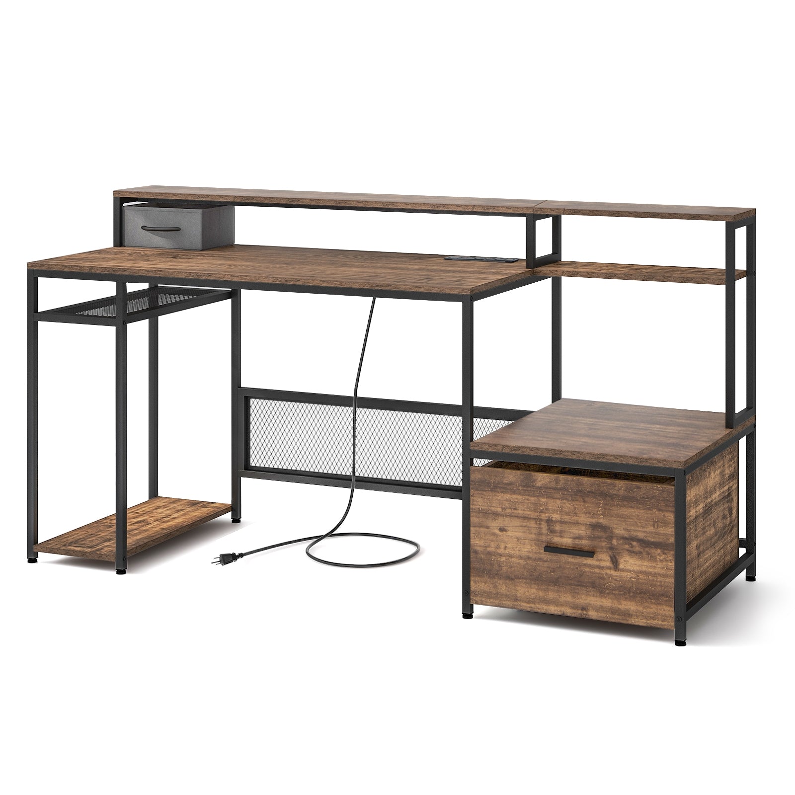 67 Inch Computer Desk with Monitor Stand & File Drawer, Rustic Brown