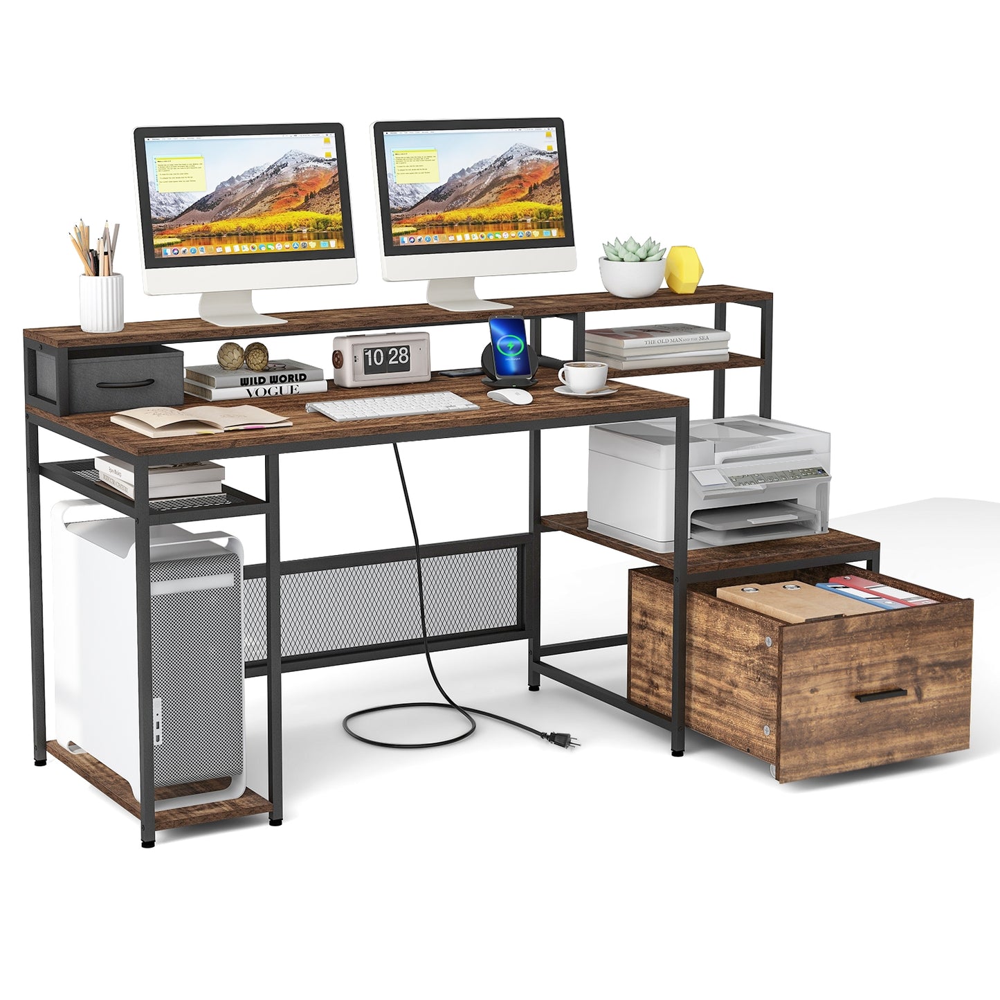 67 Inch Computer Desk with Monitor Stand & File Drawer, Rustic Brown Computer Desks   at Gallery Canada